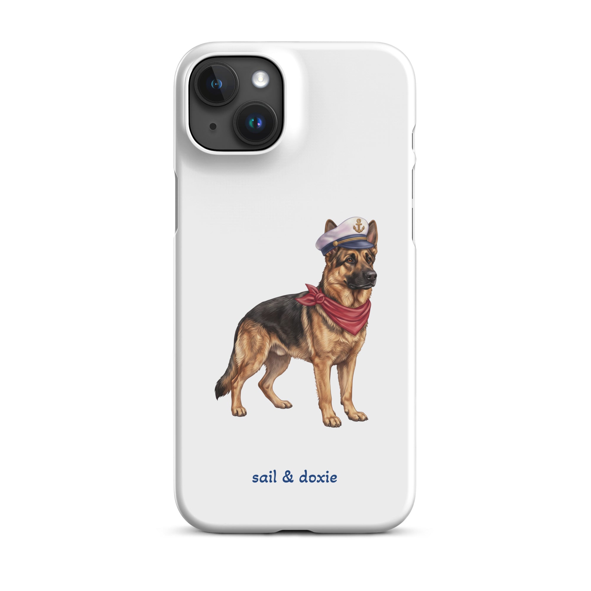 A white phone case featuring an illustration of a german shepherd wearing a captain's hat and red neckerchief, with the text 'sail & doxie' printed below. The case has a black camera cutout area and is shown on a plain white background.