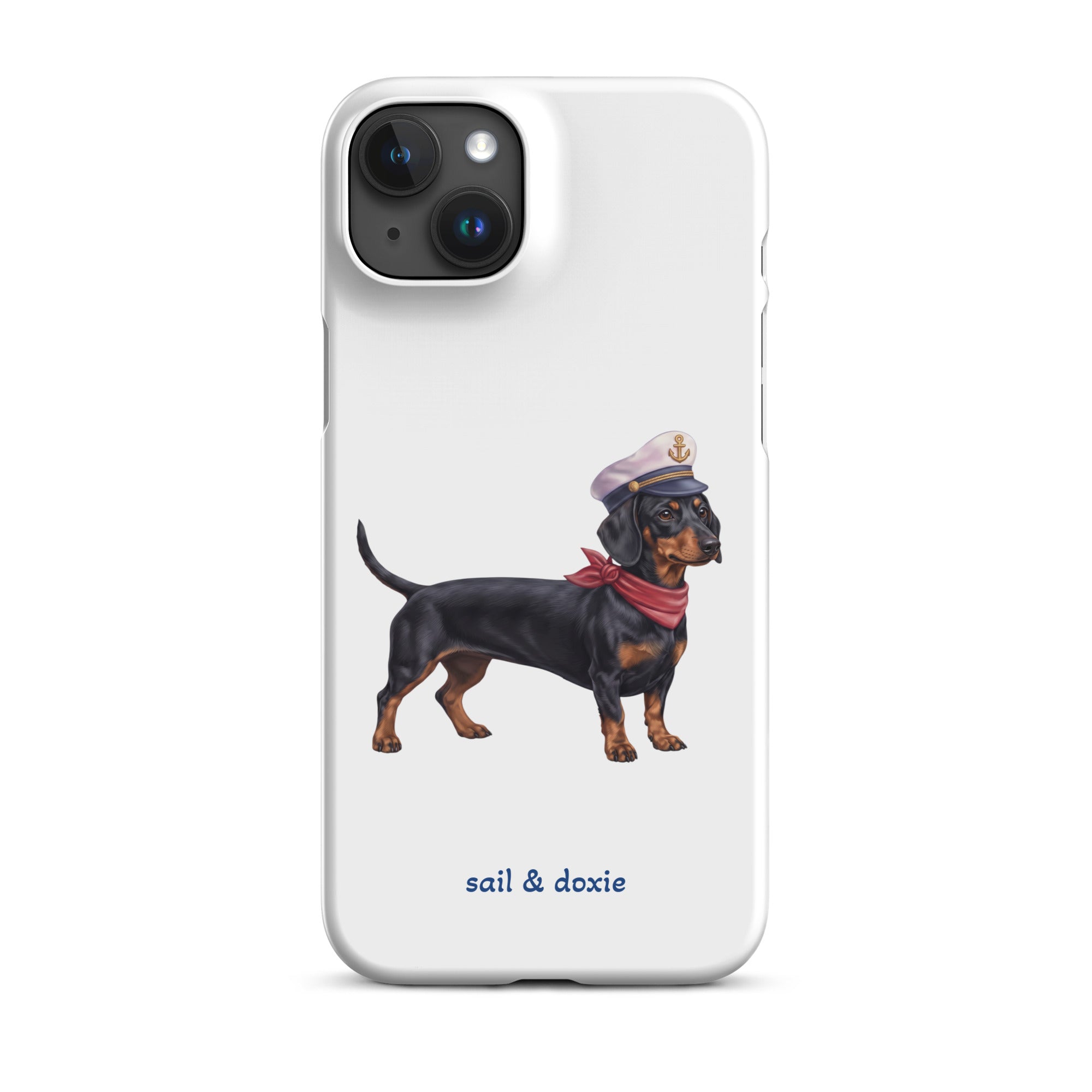 Sail & Doxie iPhone Case – Dachshund (black & tan) with captain's hat on a white background