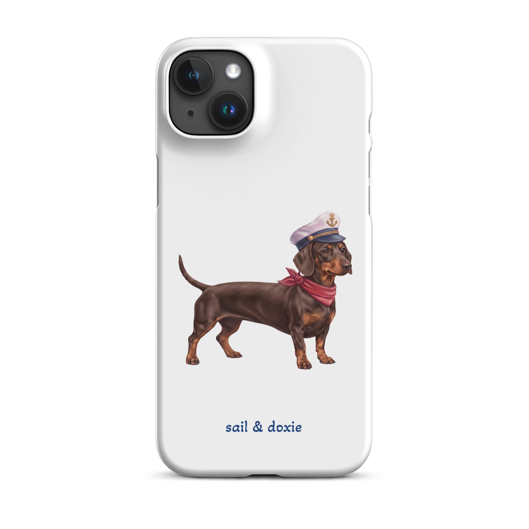 Sail & Doxie iPhone Case – Dachshund (chocolate) with captain's hat on a white background