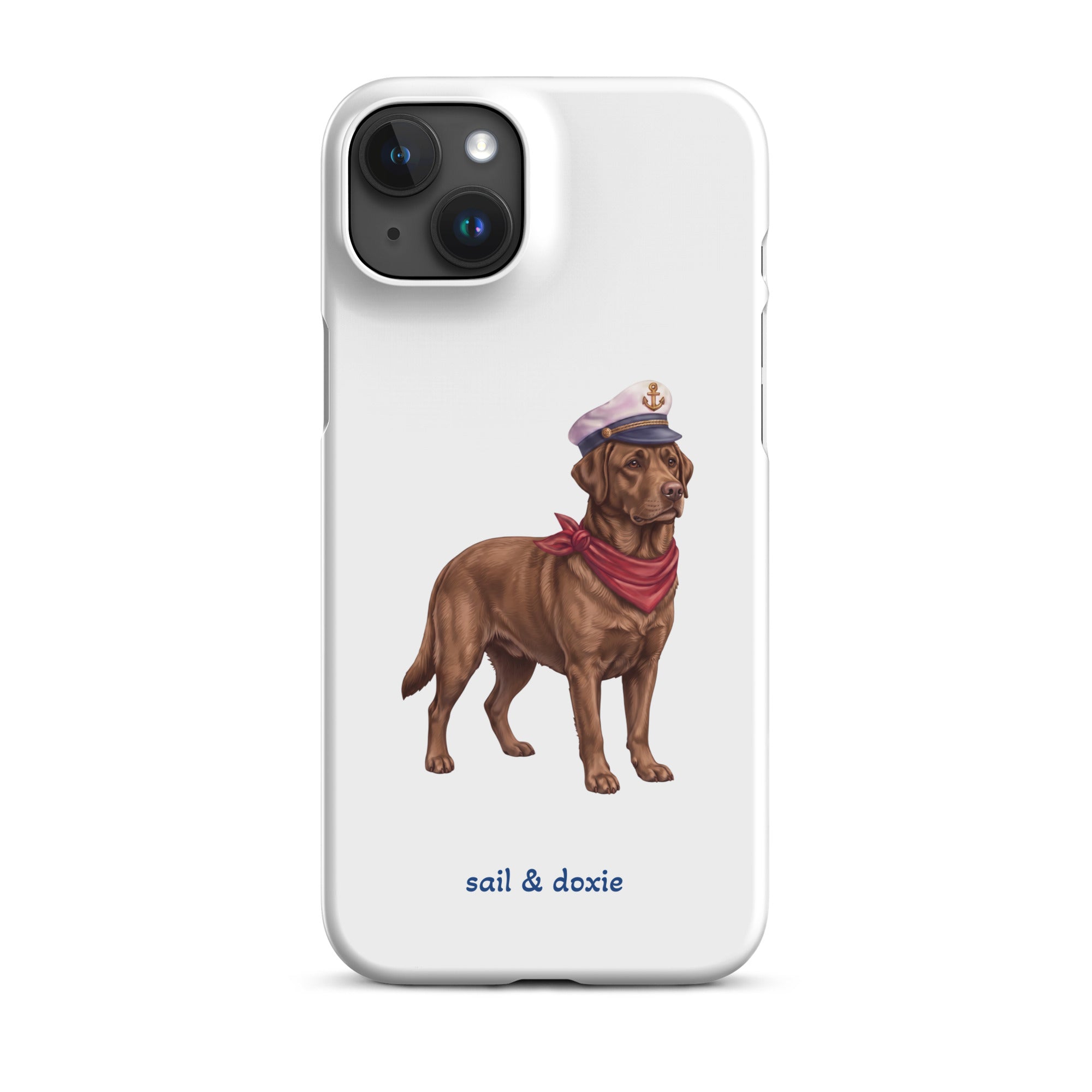 A white phone case featuring an illustration of a brown Labrador dressed as a sailor with a captain's hat and red neck scarf, with the text 'sail & doxie' printed below.