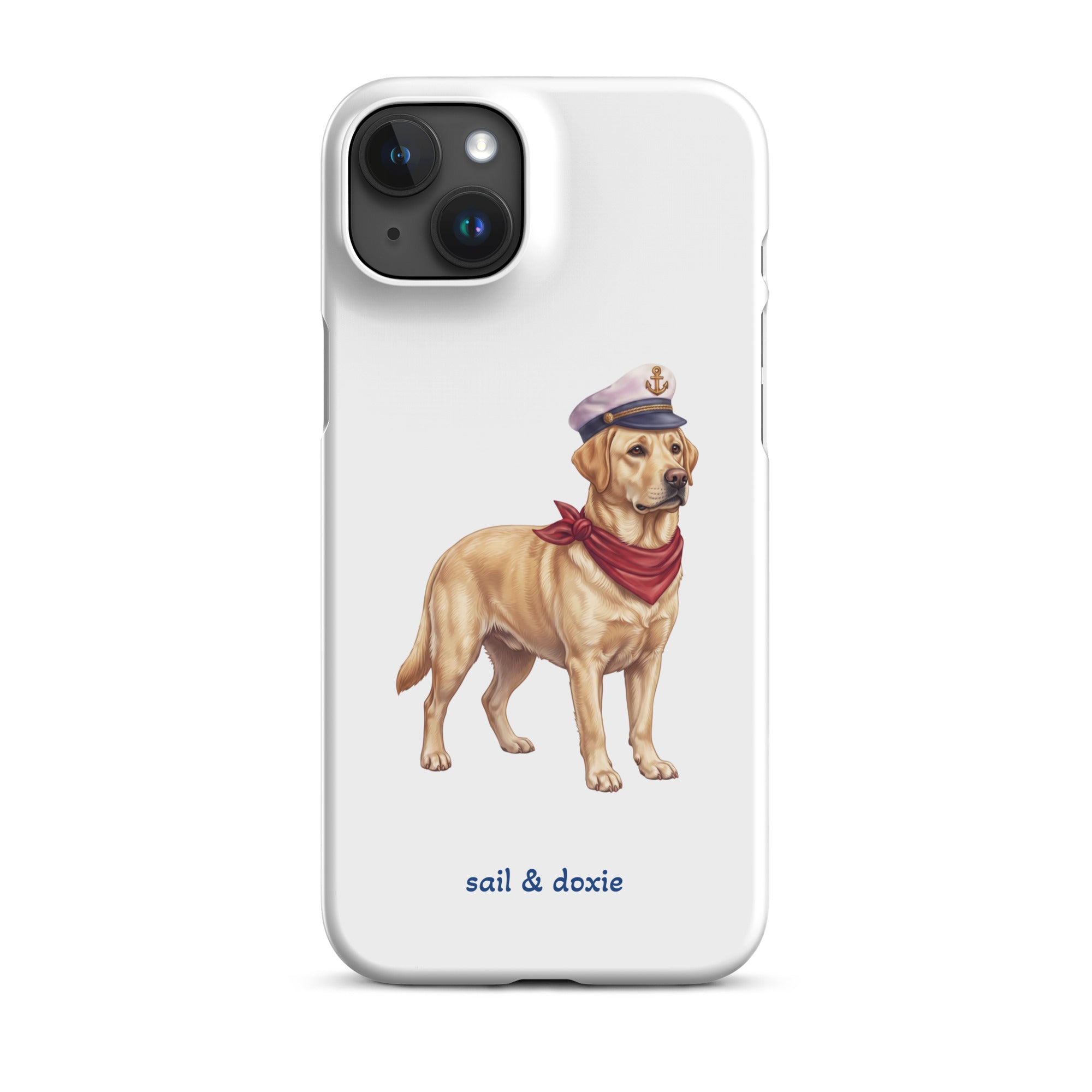 A white phone case featuring an illustration of a yellow Labrador dressed as a sailor with a captain's hat and red neck scarf, with the text 'sail & doxie' printed below.