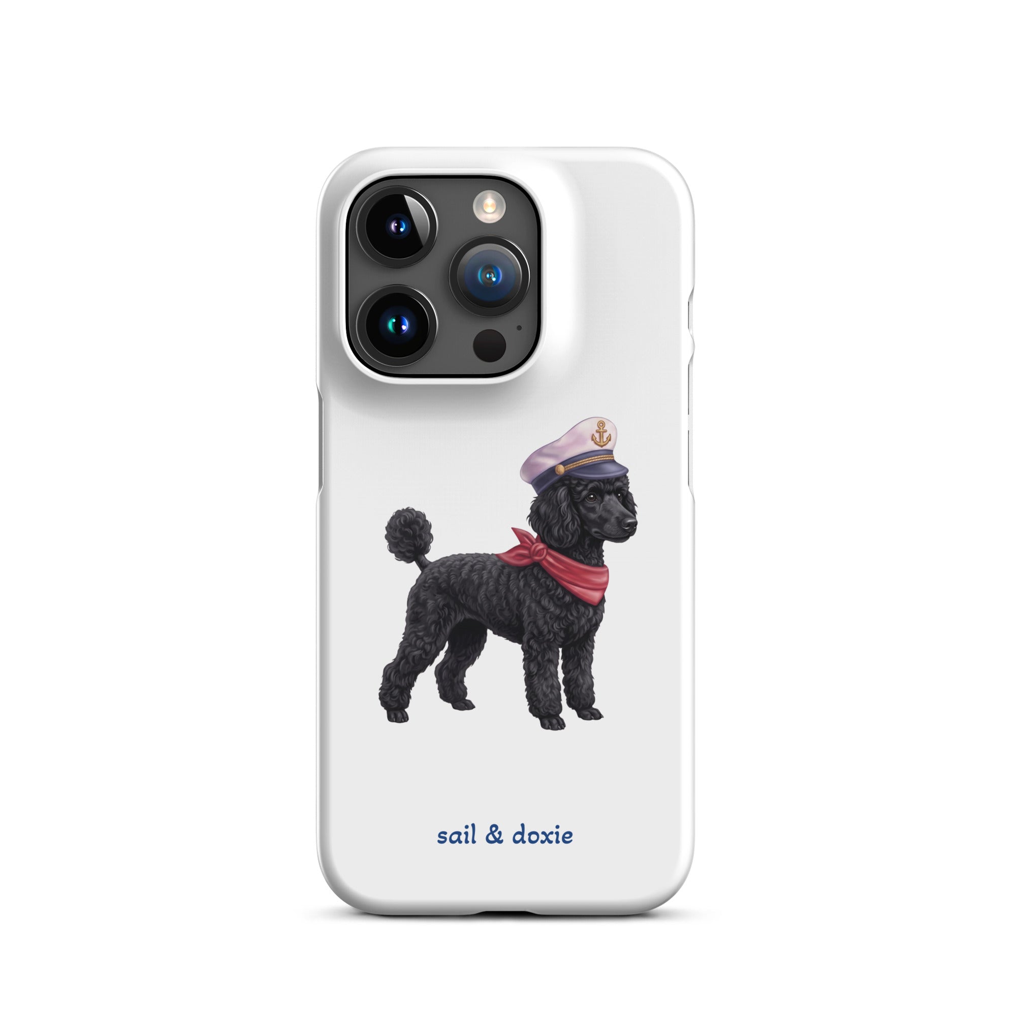 A white phone case featuring a printed illustration of a black poodle wearing a navy captain's hat and red scarf, with the text 'sail & doxie' printed below in blue. The case is shown on a clean white background.