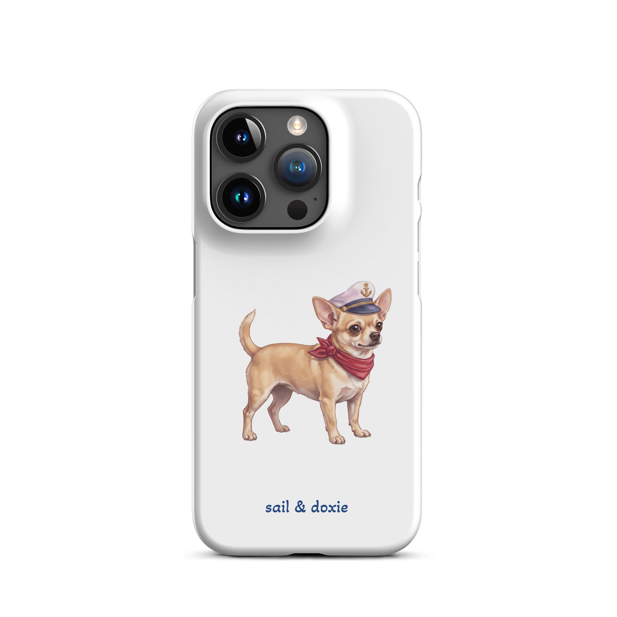 Sail & Doxie iPhone Case with a Chihuahua  Captain on a white background.