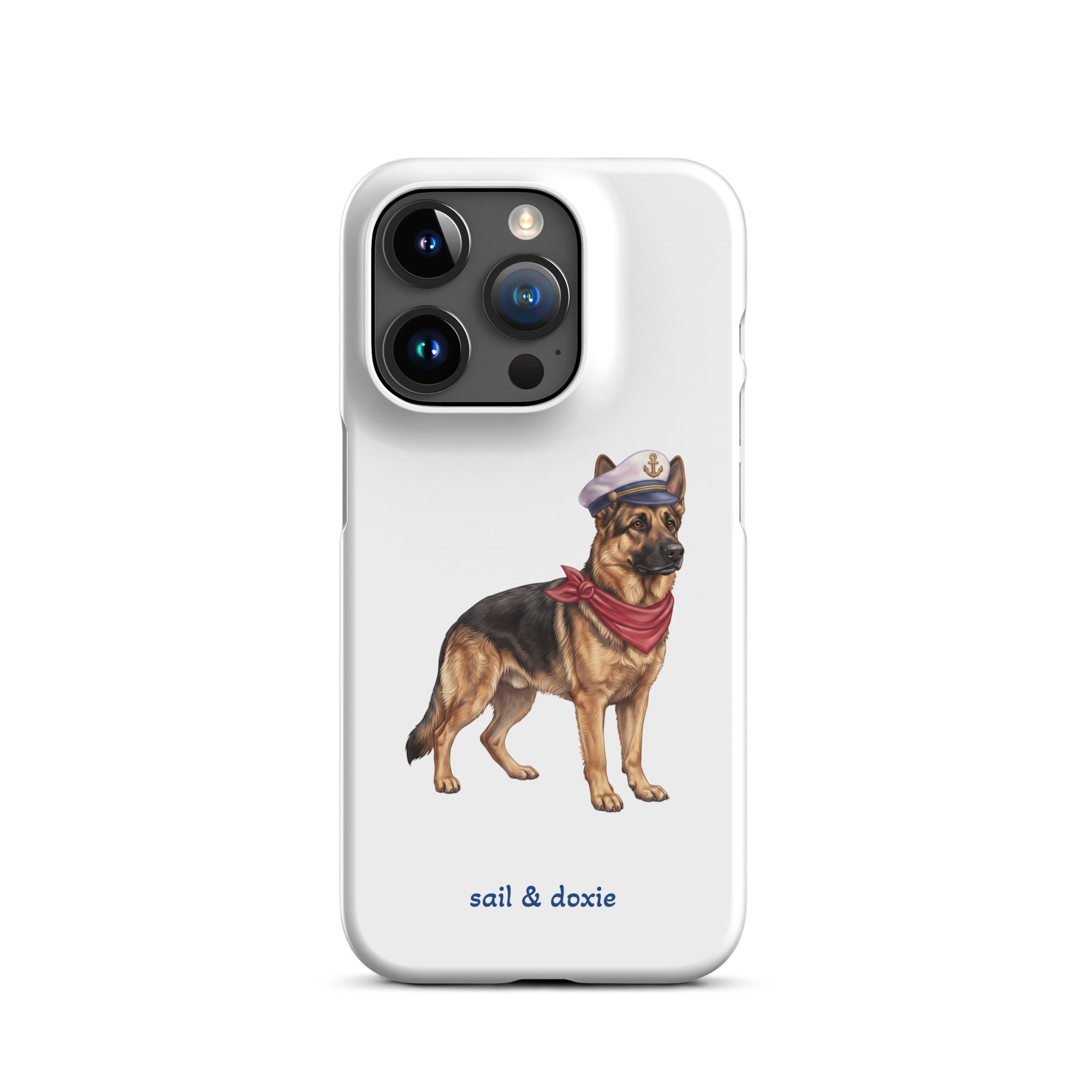 A white phone case featuring an illustration of a german shepherd wearing a captain's hat and red neckerchief, with the text 'sail & doxie' printed below. The case has a black camera cutout area and is shown on a plain white background.