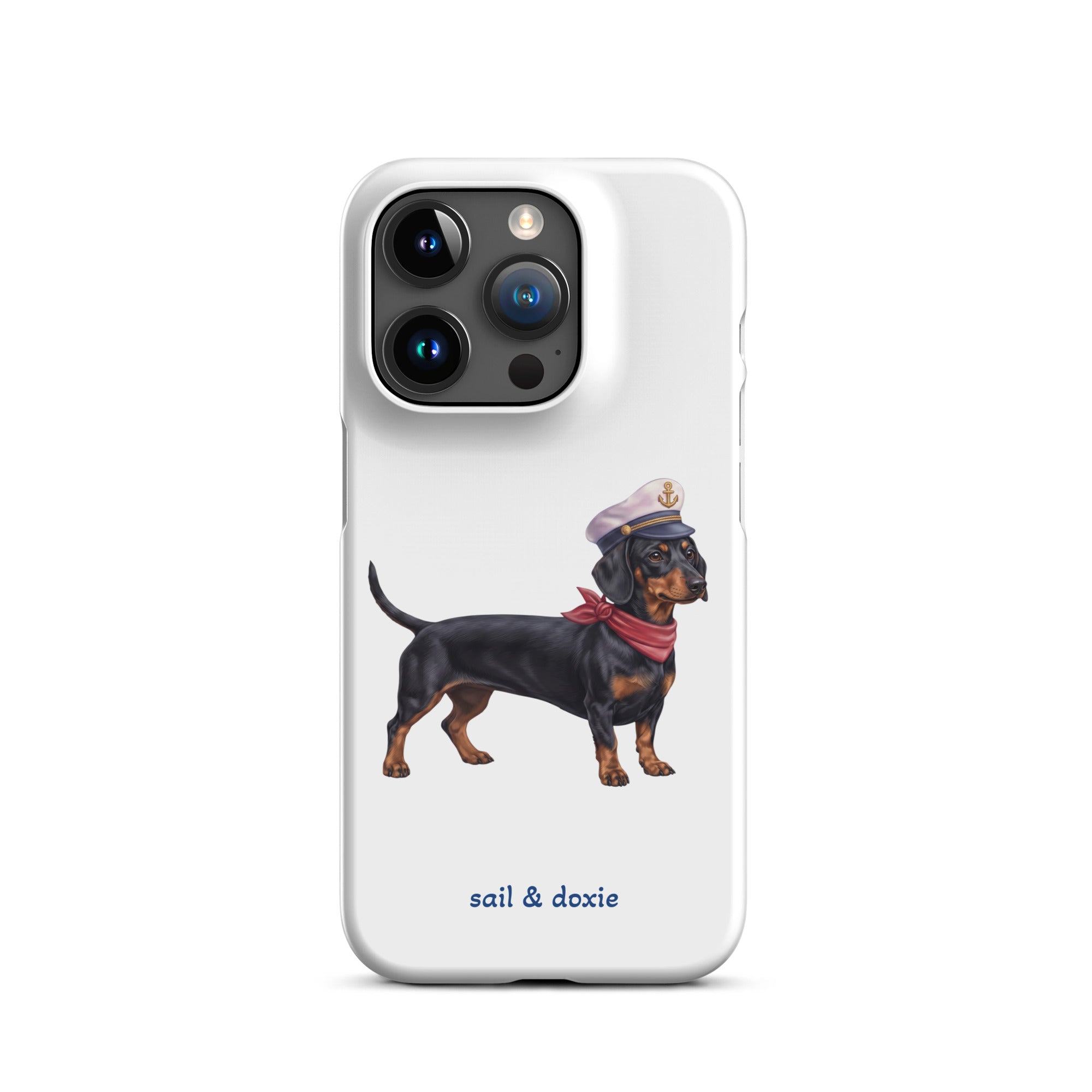 Sail & Doxie iPhone Case – Dachshund (black & tan) with captain's hat on a white background