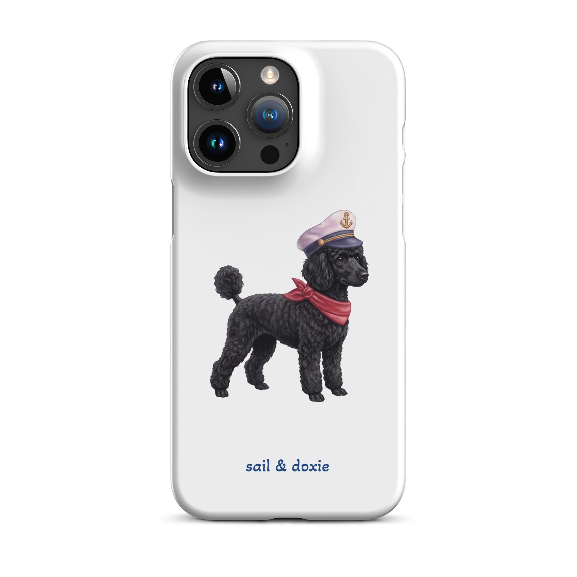 A white phone case featuring a printed illustration of a black poodle wearing a navy captain's hat and red scarf, with the text 'sail & doxie' printed below in blue. The case is shown on a clean white background.