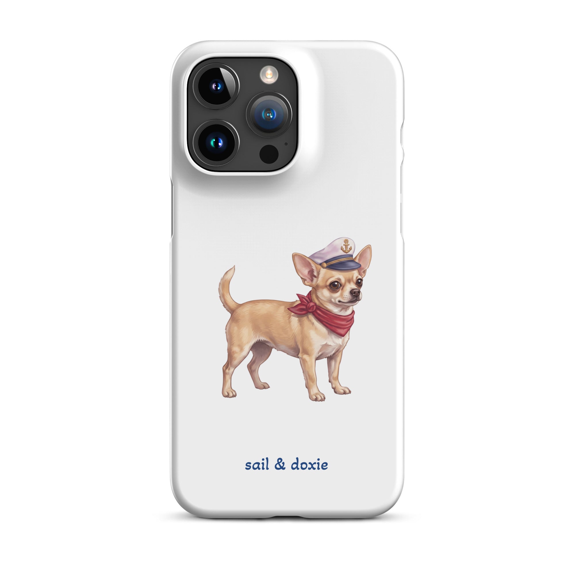 Sail & Doxie iPhone Case with a Chihuahua  Captain on a white background.