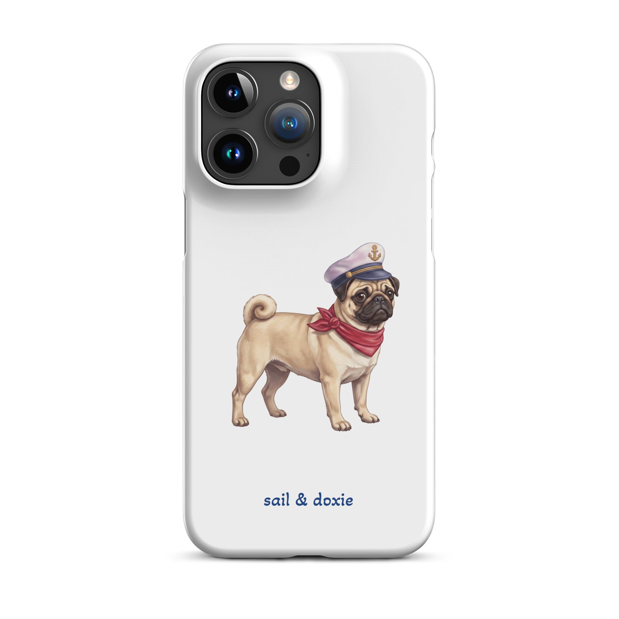A white phone case featuring an illustration of a pug wearing a navy captain's hat and red neck scarf, with the text 'sail & doxie' printed below in blue. 