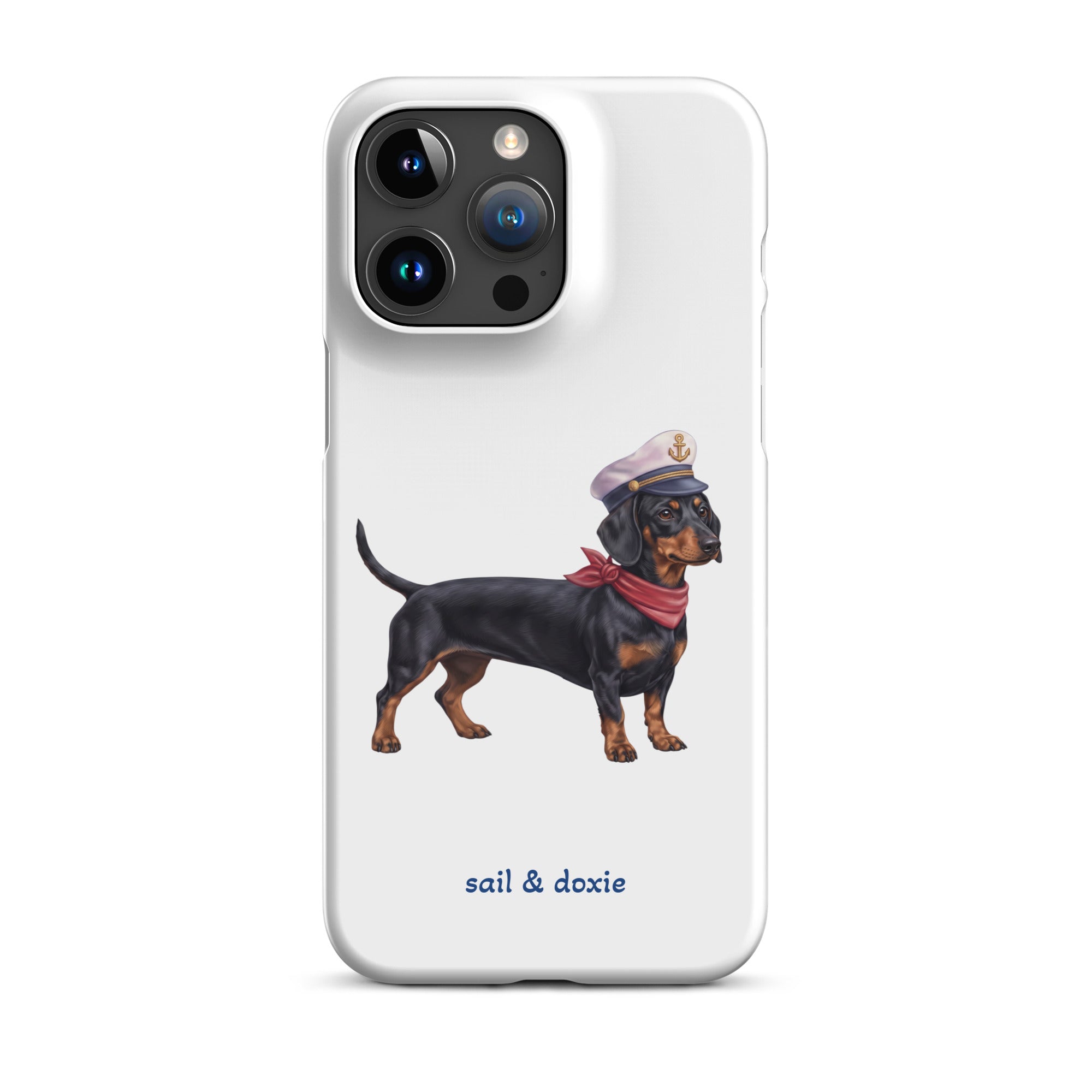 Sail & Doxie iPhone Case – Dachshund (black & tan) with captain's hat on a white background