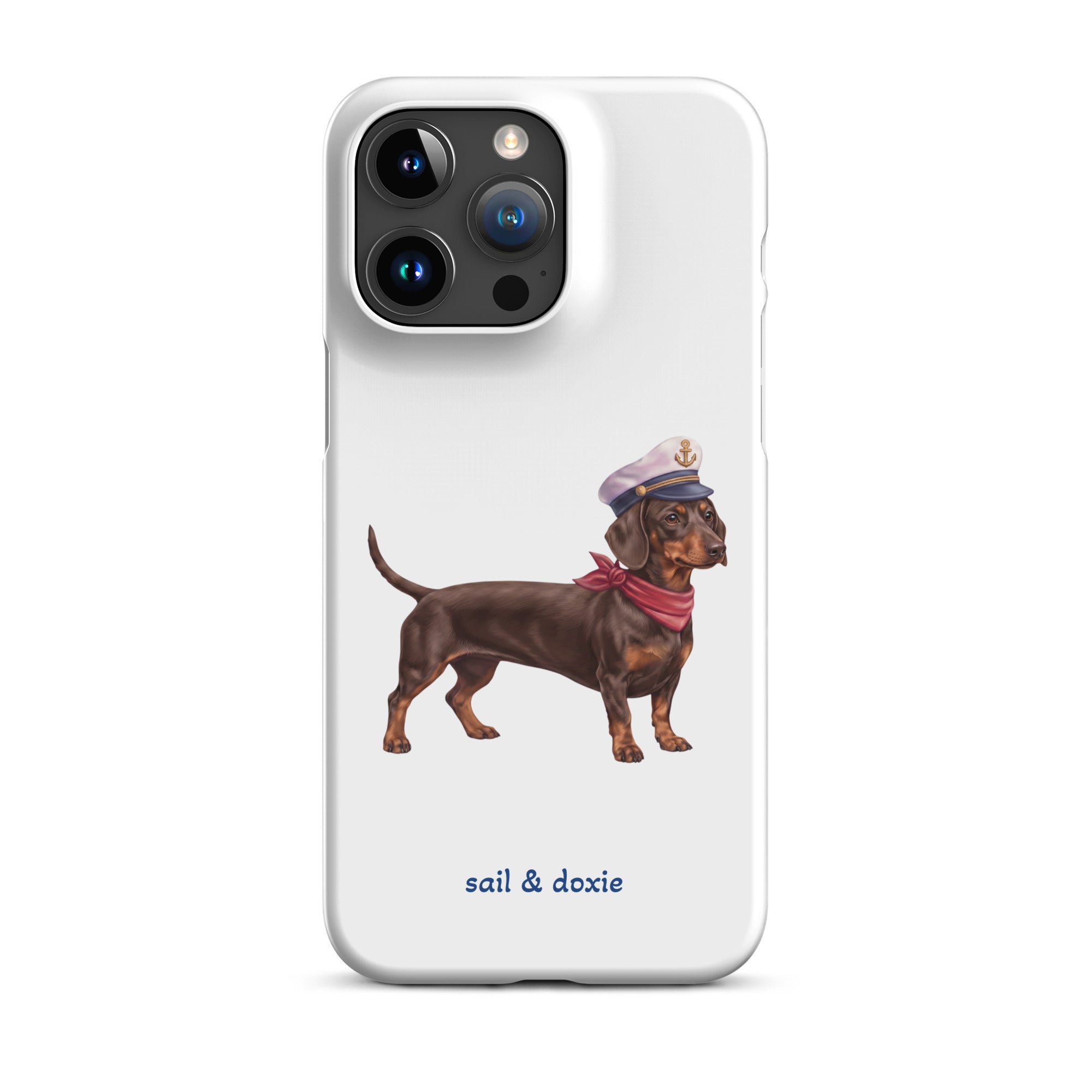 Sail & Doxie iPhone Case – Dachshund (chocolate) with captain's hat on a white background