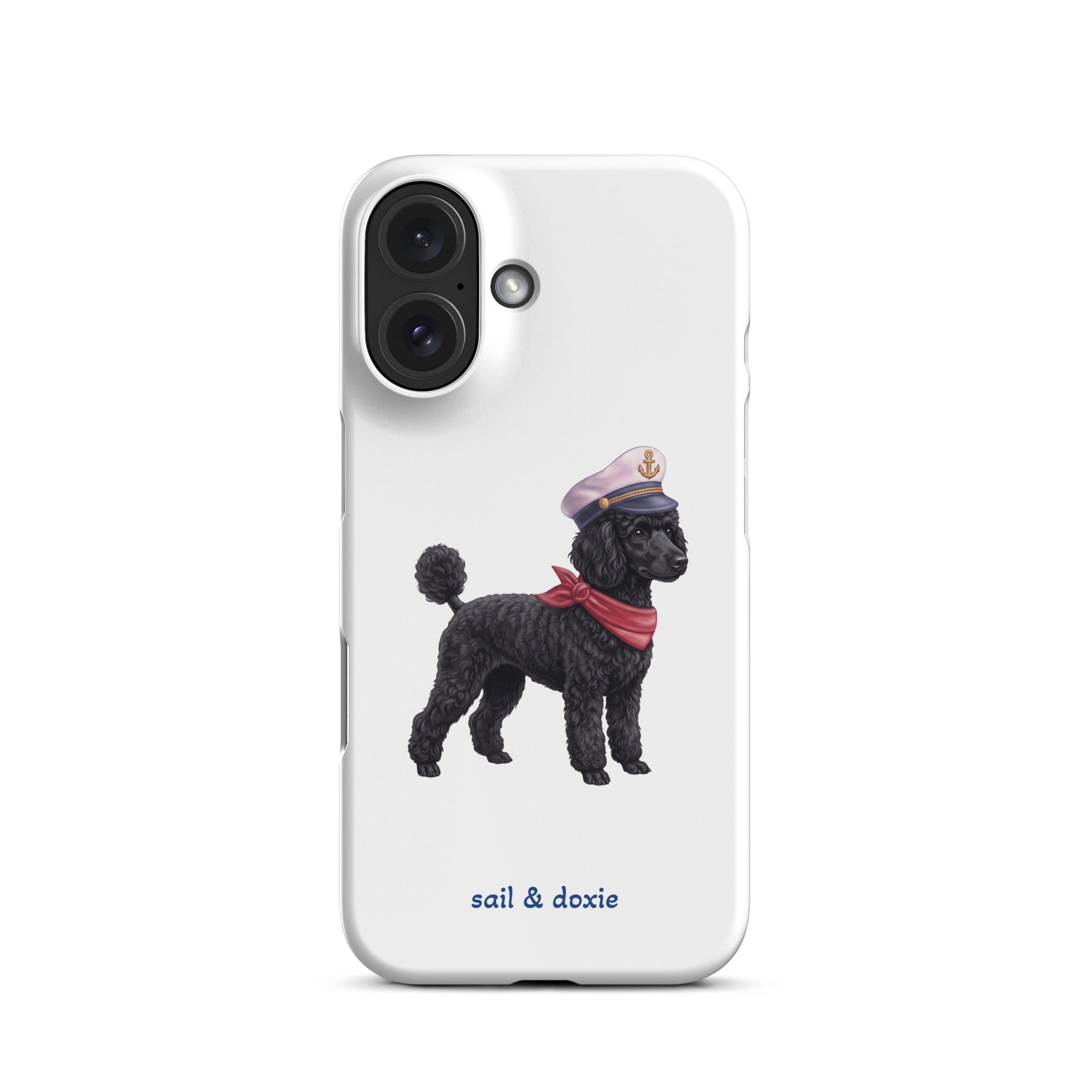 A white phone case featuring a printed illustration of a black poodle wearing a navy captain's hat and red scarf, with the text 'sail & doxie' printed below in blue. The case is shown on a clean white background.