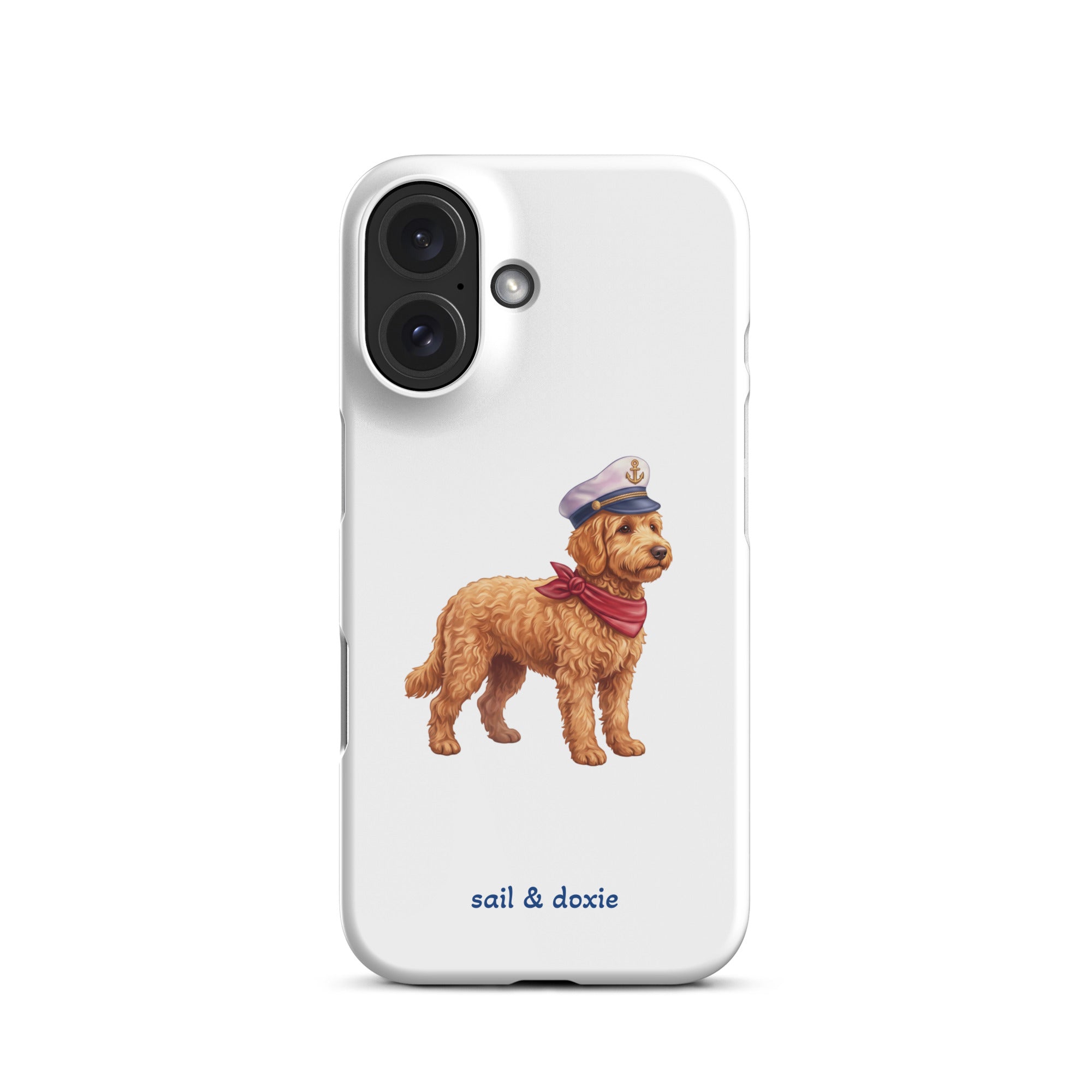 A white phone case featuring a printed illustration of a doodle dog wearing a captain's hat and red neck scarf, with the text 'sail & doxie' printed below in blue. The case is shown on a clean white background.