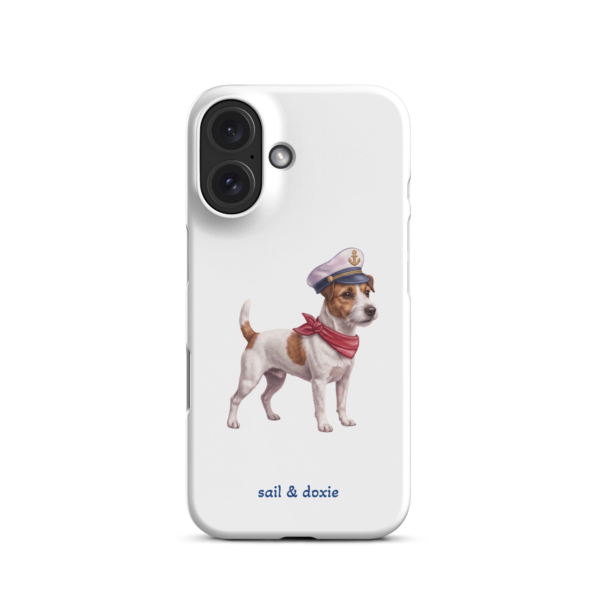 A white phone case featuring an illustration of a Jack Russell Terrier dressed as a sailor with a captain's hat and red neck scarf, with the text 'sail & doxie' printed below.