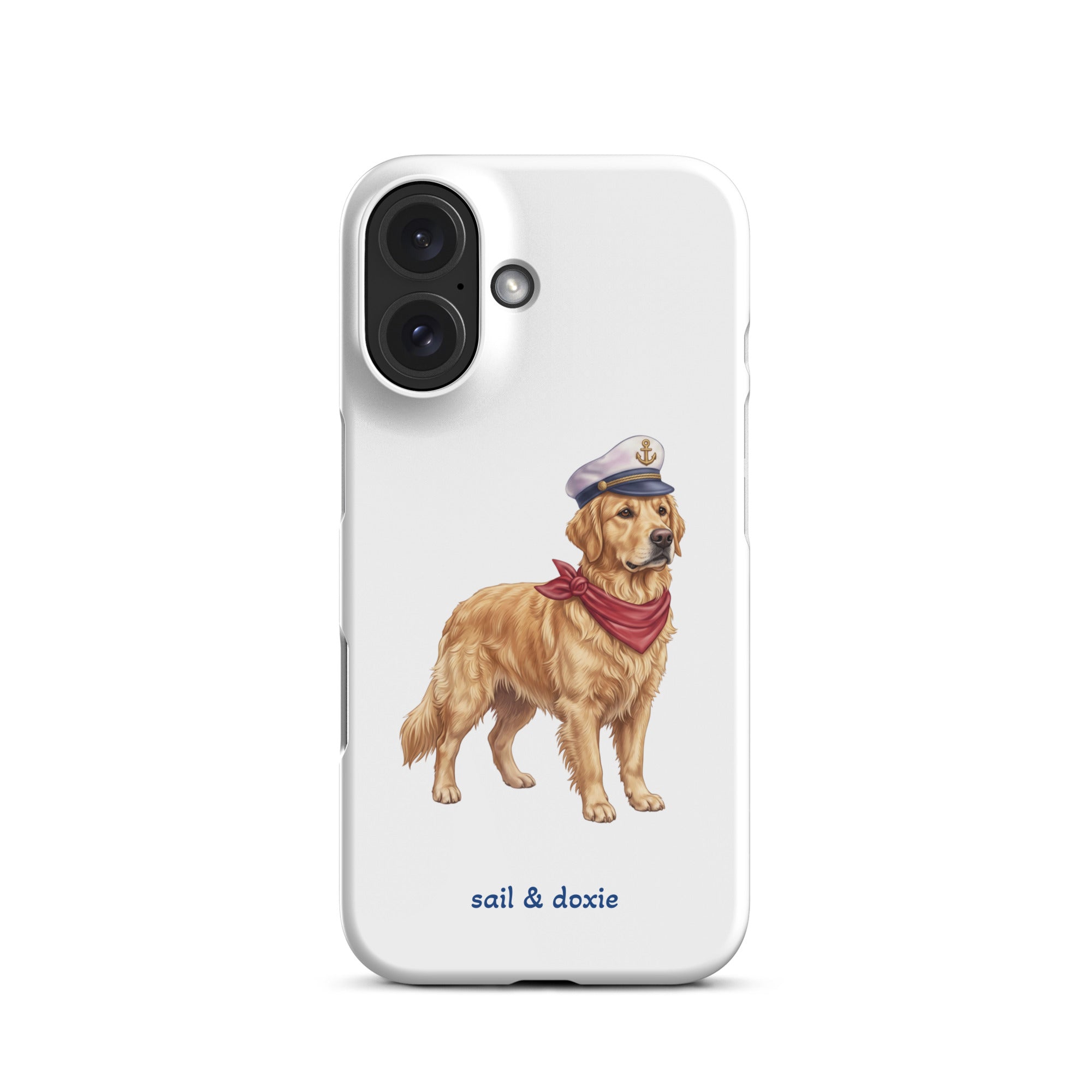 A white phone case featuring an illustration of a golden retriever dog dressed as a sailor in a white hat and red bandana, with the text 'sail & doxie' printed below. The case is shown on a clean white background.