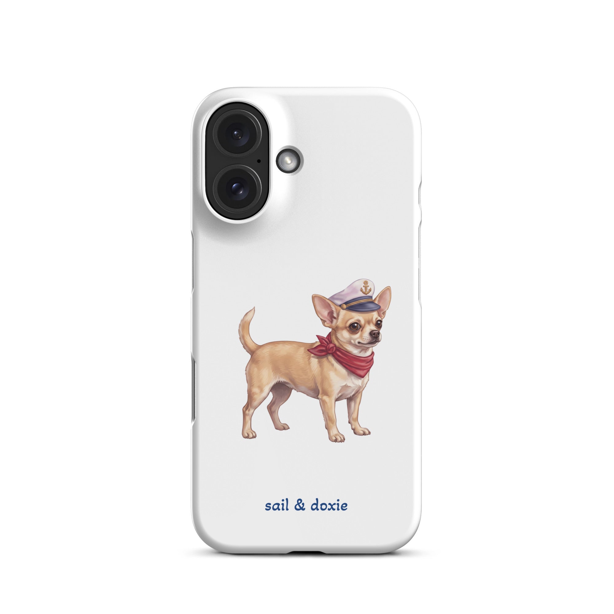 Sail & Doxie iPhone Case with a Chihuahua  Captain on a white background.