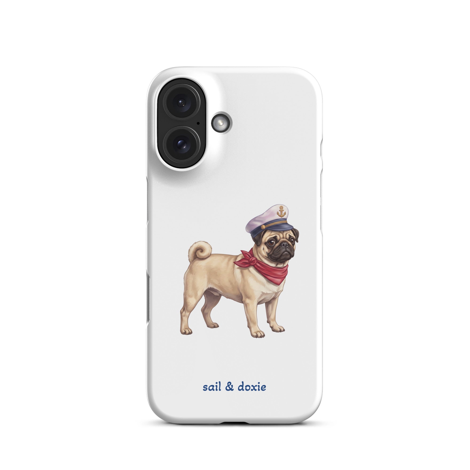 A white phone case featuring an illustration of a pug wearing a navy captain's hat and red neck scarf, with the text 'sail & doxie' printed below in blue. 