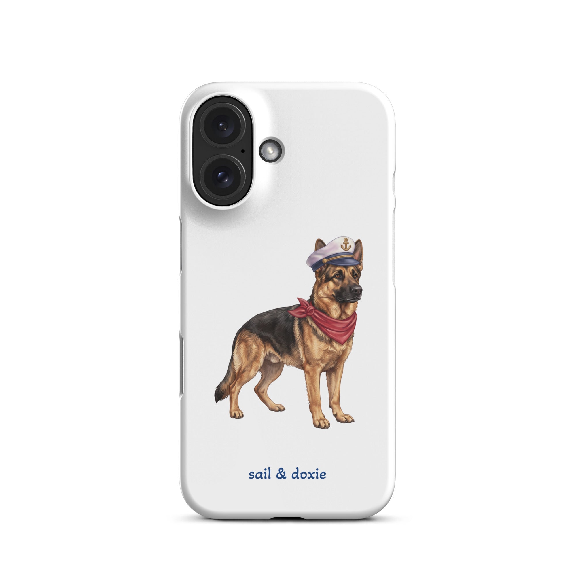 A white phone case featuring an illustration of a german shepherd wearing a captain's hat and red neckerchief, with the text 'sail & doxie' printed below. The case has a black camera cutout area and is shown on a plain white background.