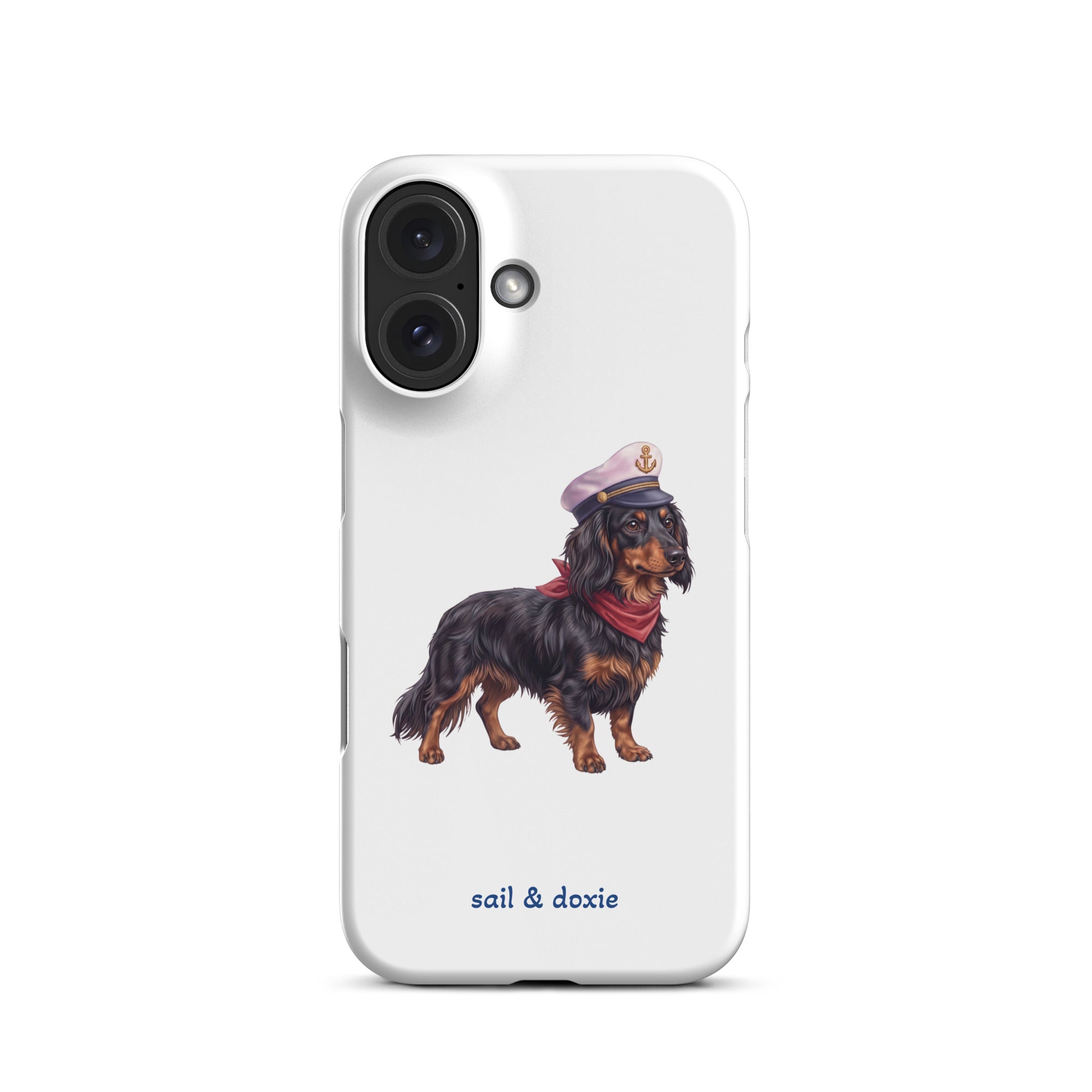 A white phone case featuring an illustration of a black and tan dachshund wearing a captain's hat and red neckerchief, with the text 'sail & doxie' printed below in blue. The case is shown on a clean white background.
