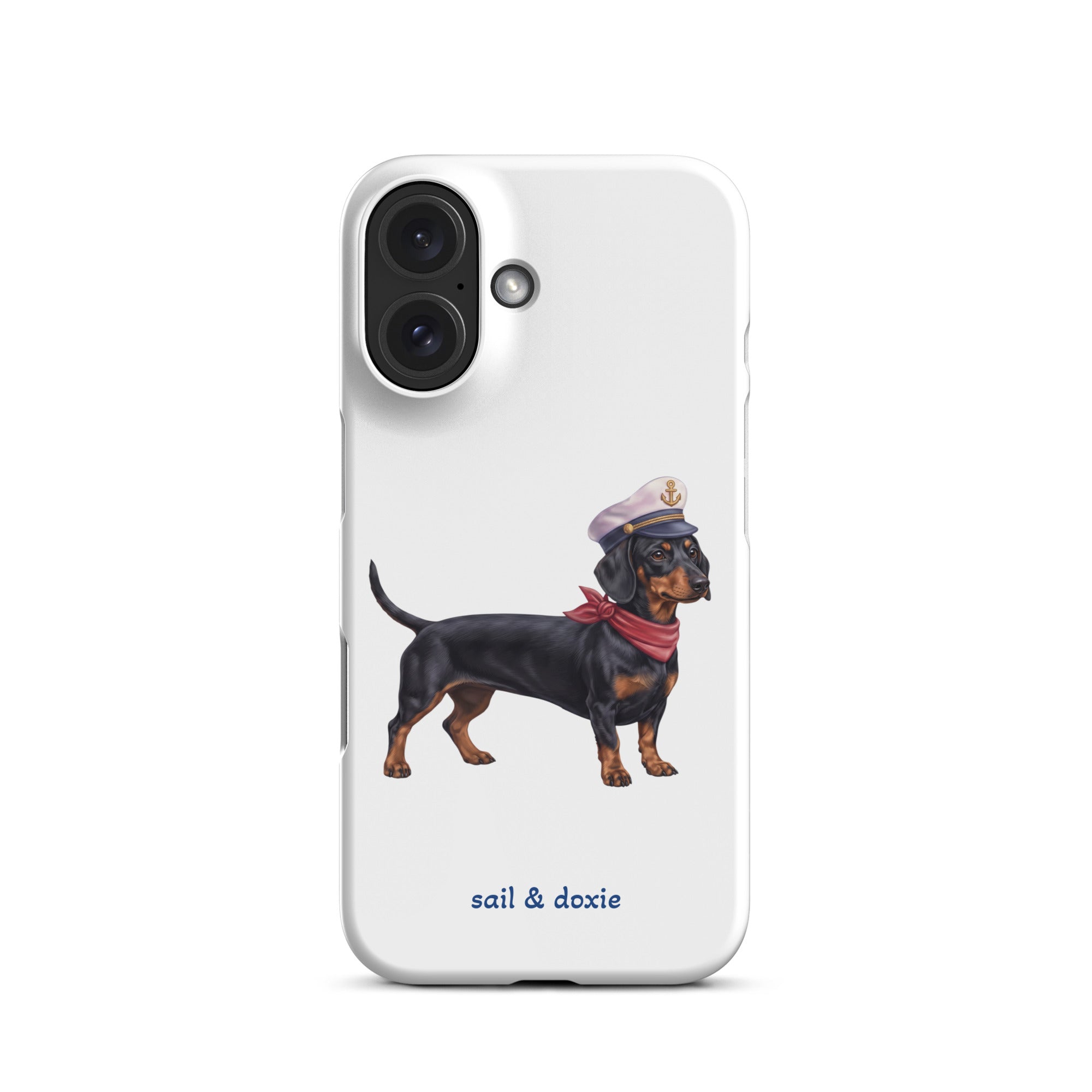 Sail & Doxie iPhone Case – Dachshund (black & tan) with captain's hat on a white background