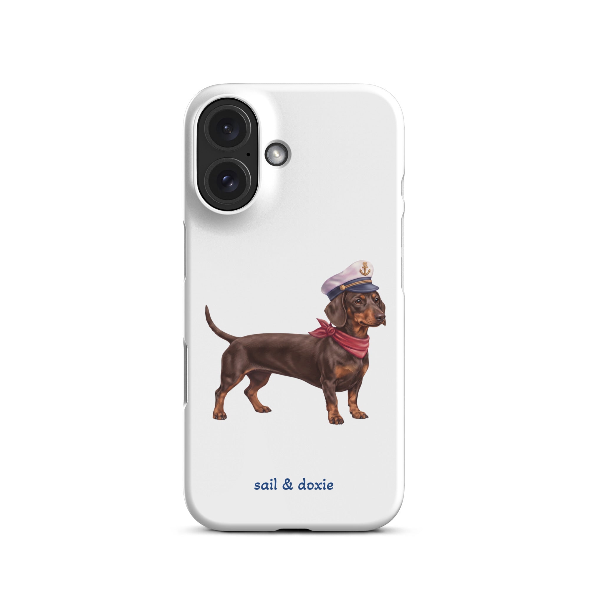 Sail & Doxie iPhone Case – Dachshund (chocolate) with captain's hat on a white background