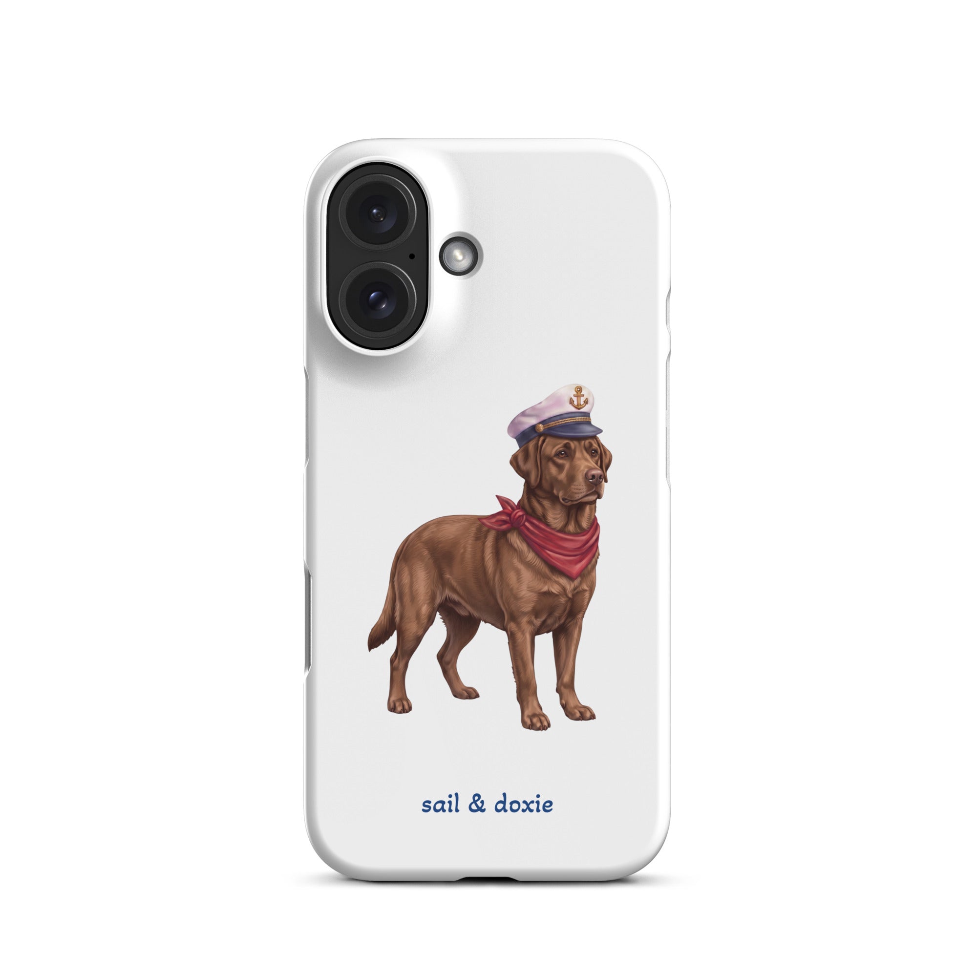 A white phone case featuring an illustration of a brown Labrador dressed as a sailor with a captain's hat and red neck scarf, with the text 'sail & doxie' printed below.