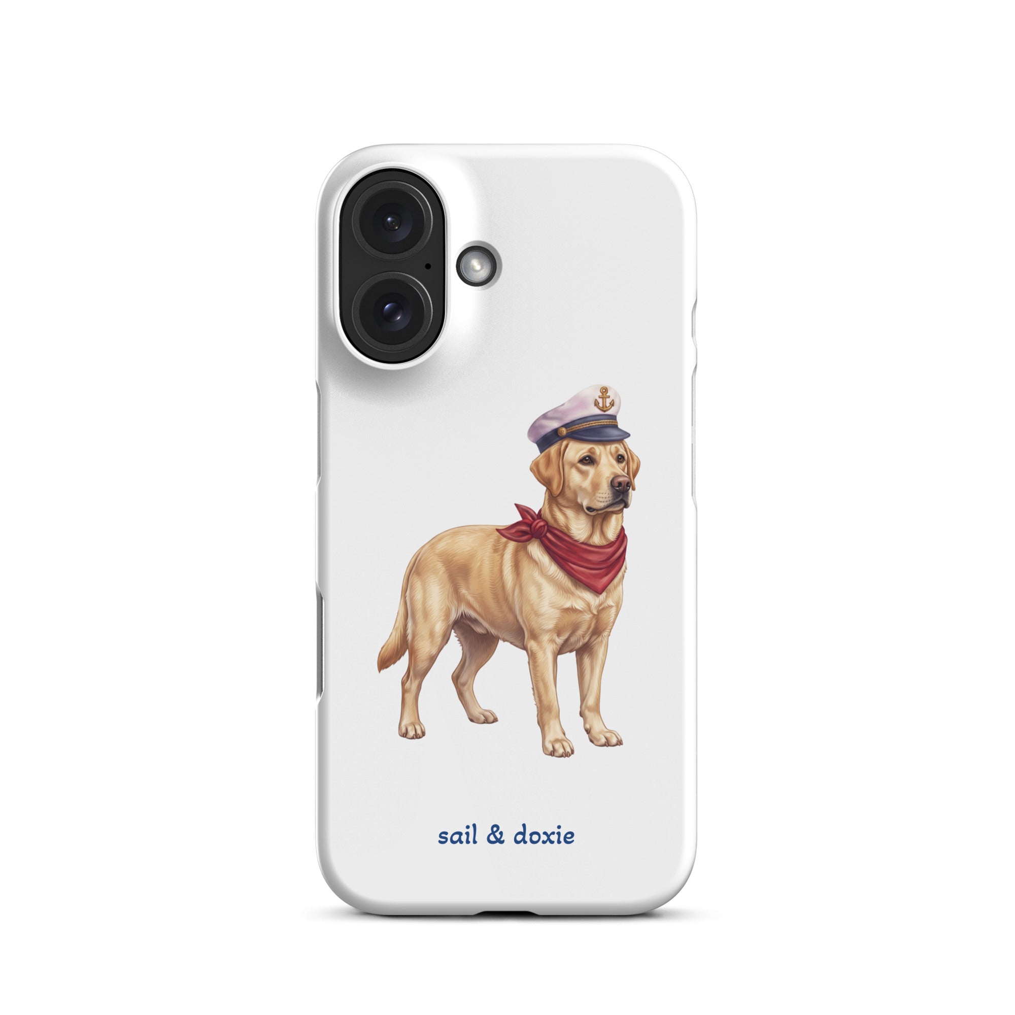 A white phone case featuring an illustration of a yellow Labrador dressed as a sailor with a captain's hat and red neck scarf, with the text 'sail & doxie' printed below.