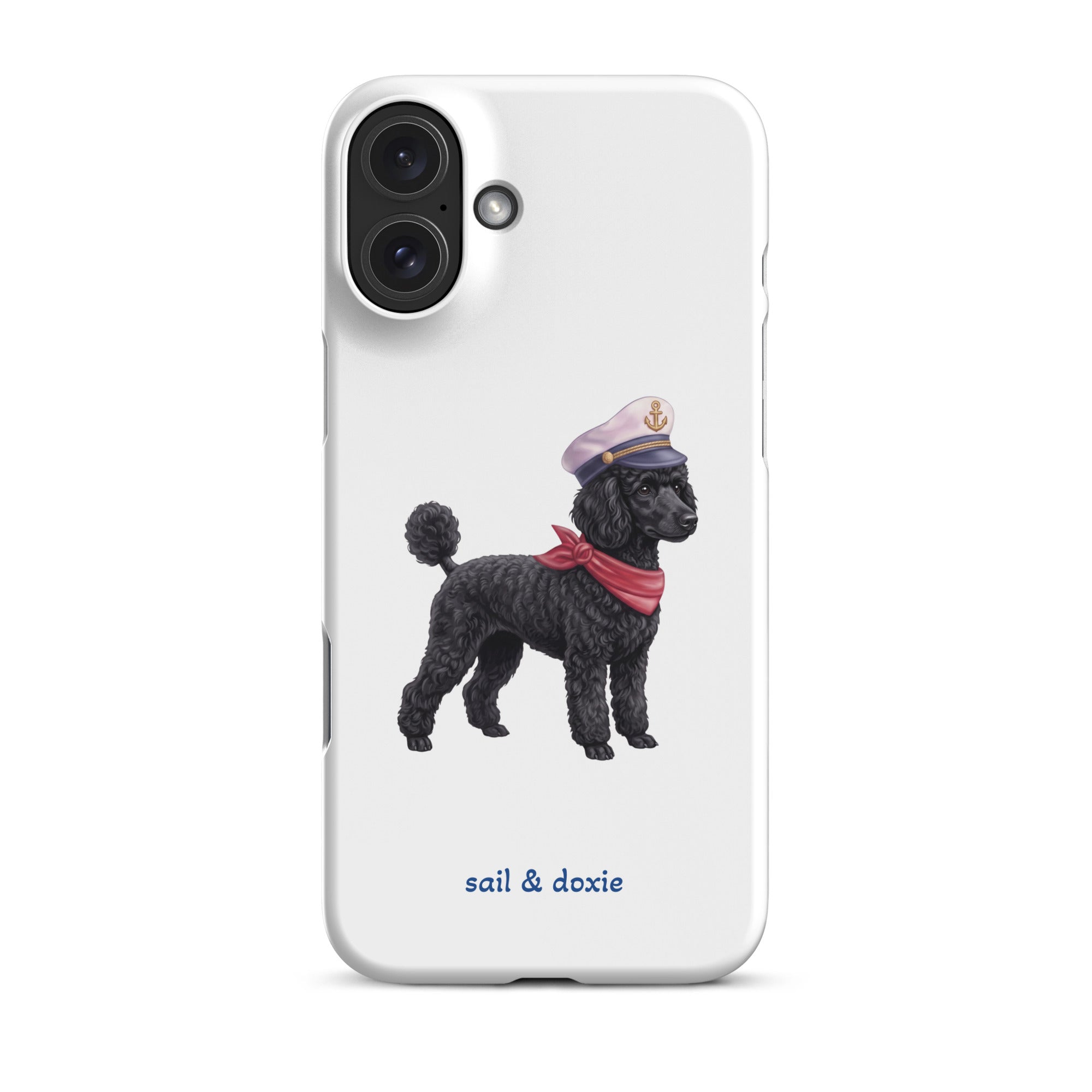 A white phone case featuring a printed illustration of a black poodle wearing a navy captain's hat and red scarf, with the text 'sail & doxie' printed below in blue. The case is shown on a clean white background.