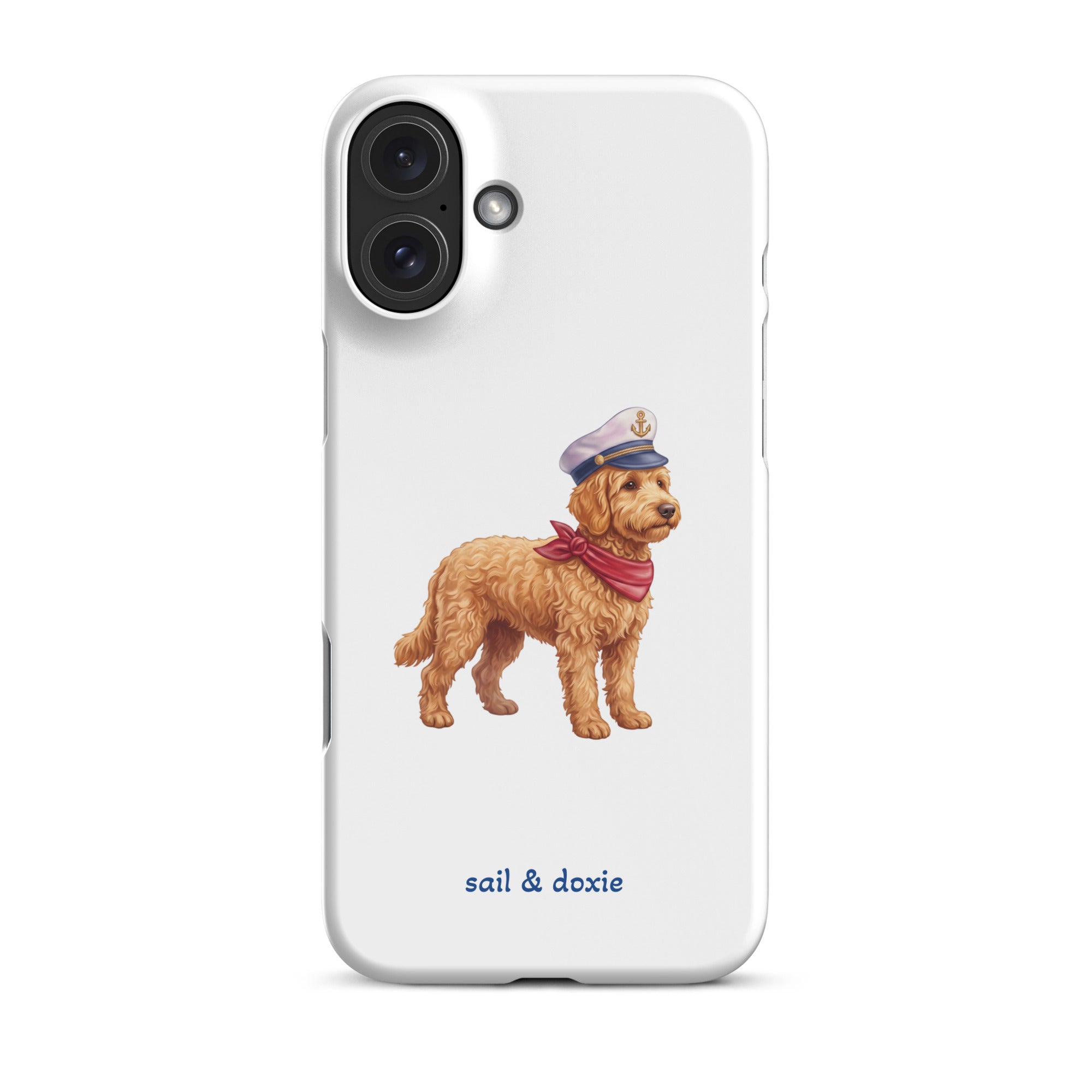 A white phone case featuring a printed illustration of a doodle dog wearing a captain's hat and red neck scarf, with the text 'sail & doxie' printed below in blue. The case is shown on a clean white background.