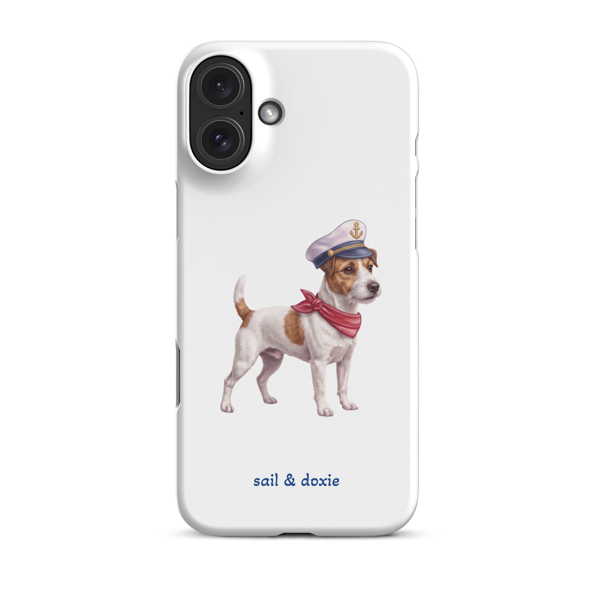 A white phone case featuring an illustration of a Jack Russell Terrier dressed as a sailor with a captain's hat and red neck scarf, with the text 'sail & doxie' printed below.