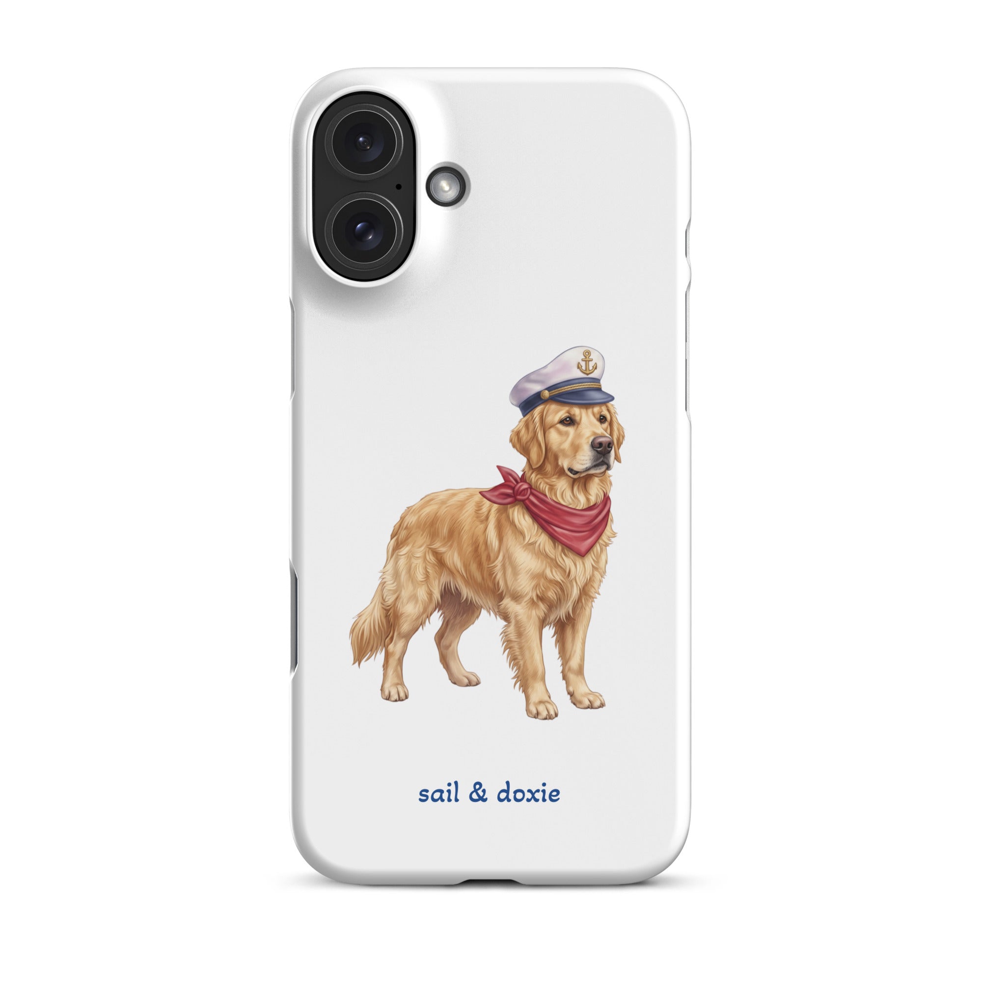 A white phone case featuring an illustration of a golden retriever dog dressed as a sailor in a white hat and red bandana, with the text 'sail & doxie' printed below. The case is shown on a clean white background.