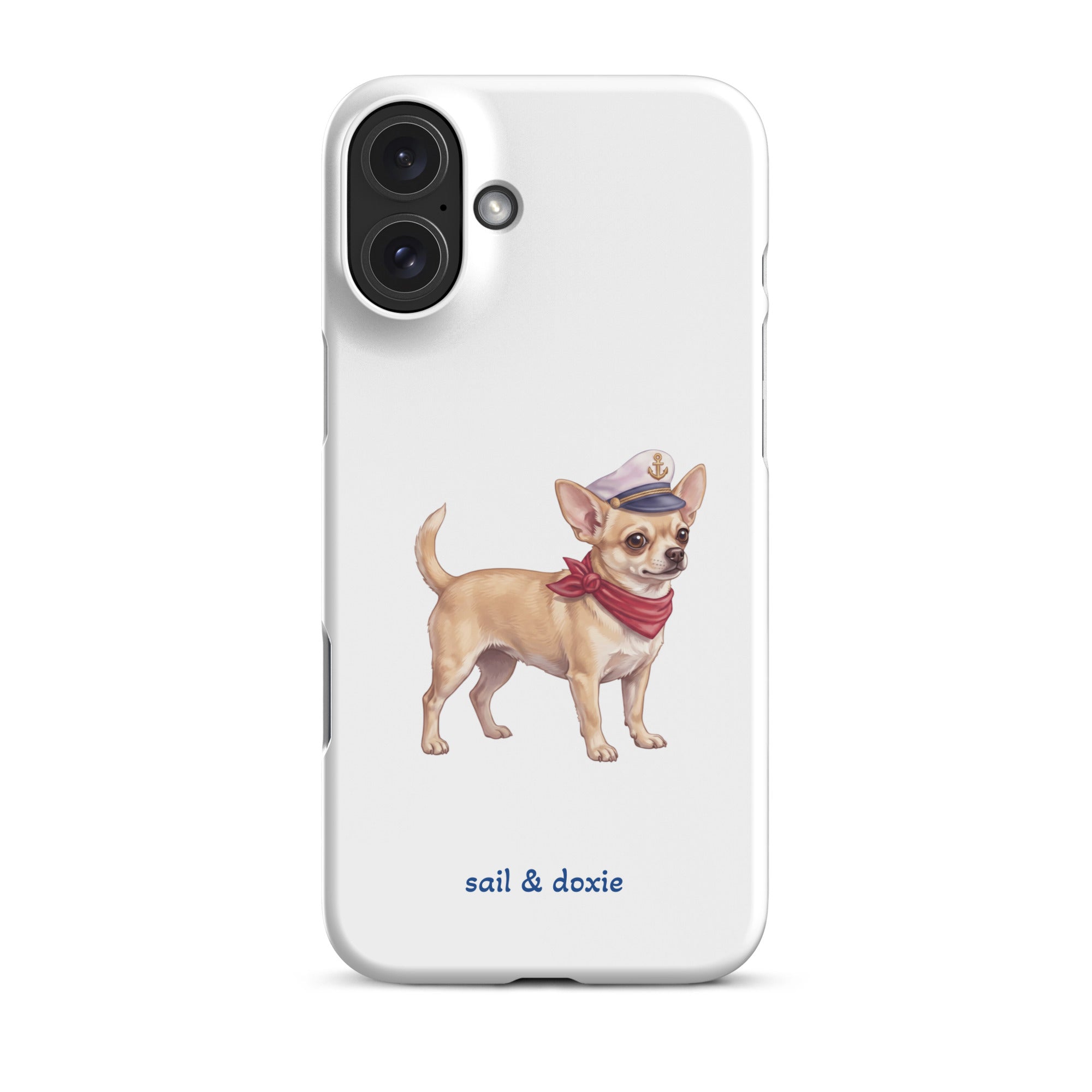 Sail & Doxie iPhone Case with a Chihuahua  Captain on a white background.
