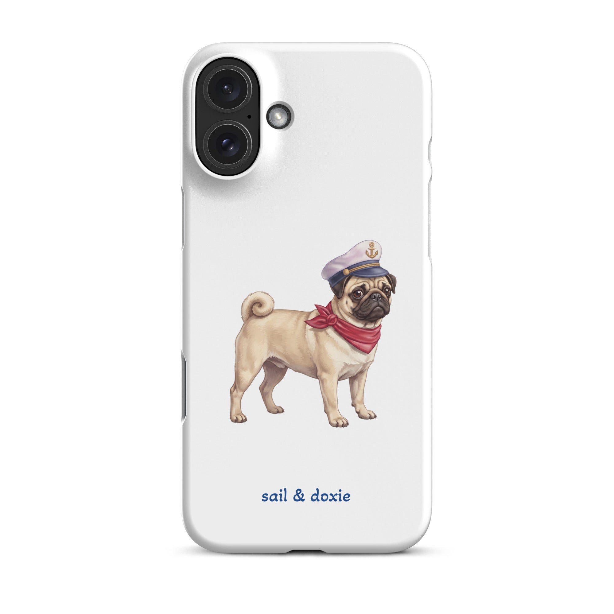 A white phone case featuring an illustration of a pug wearing a navy captain's hat and red neck scarf, with the text 'sail & doxie' printed below in blue. 