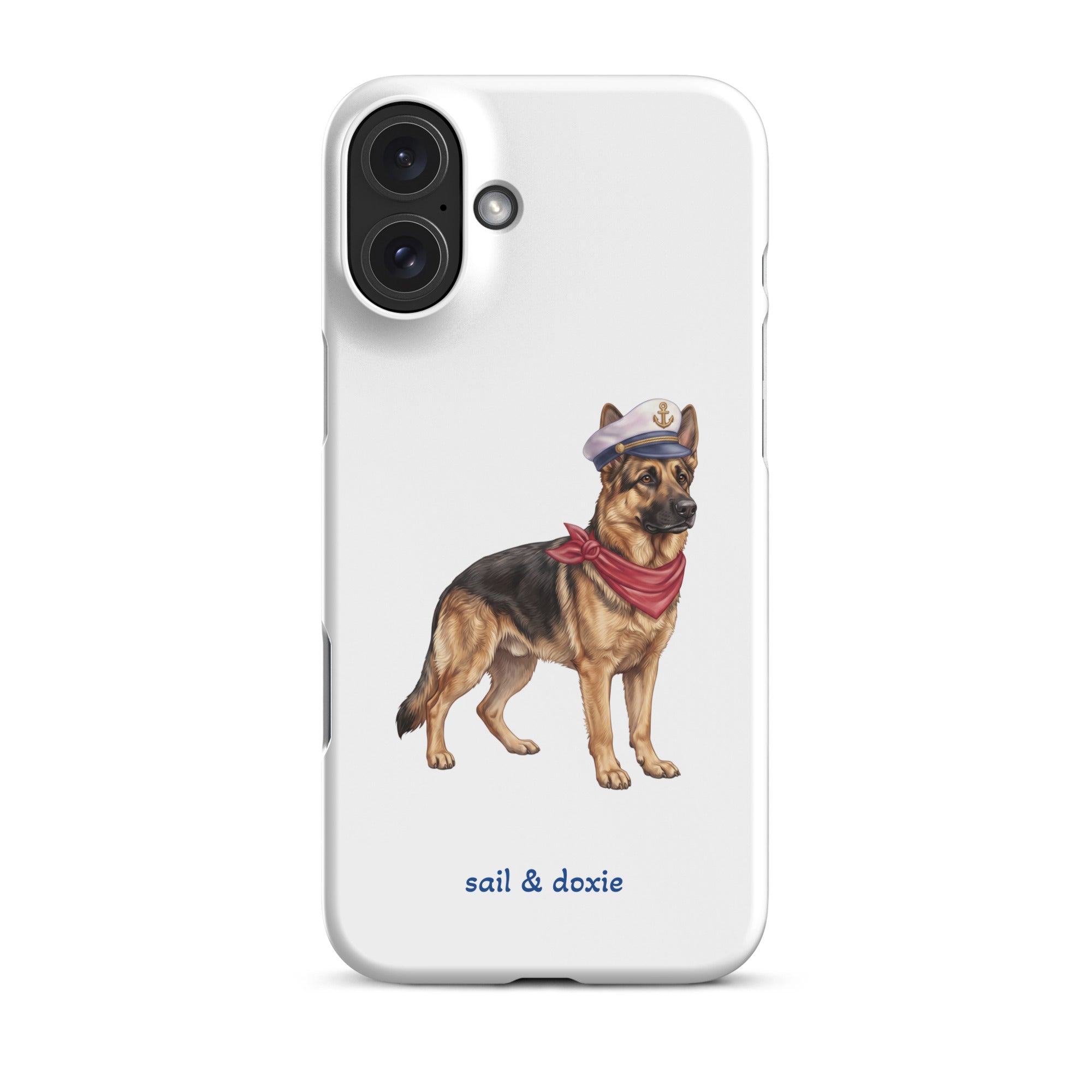 A white phone case featuring an illustration of a german shepherd wearing a captain's hat and red neckerchief, with the text 'sail & doxie' printed below. The case has a black camera cutout area and is shown on a plain white background.