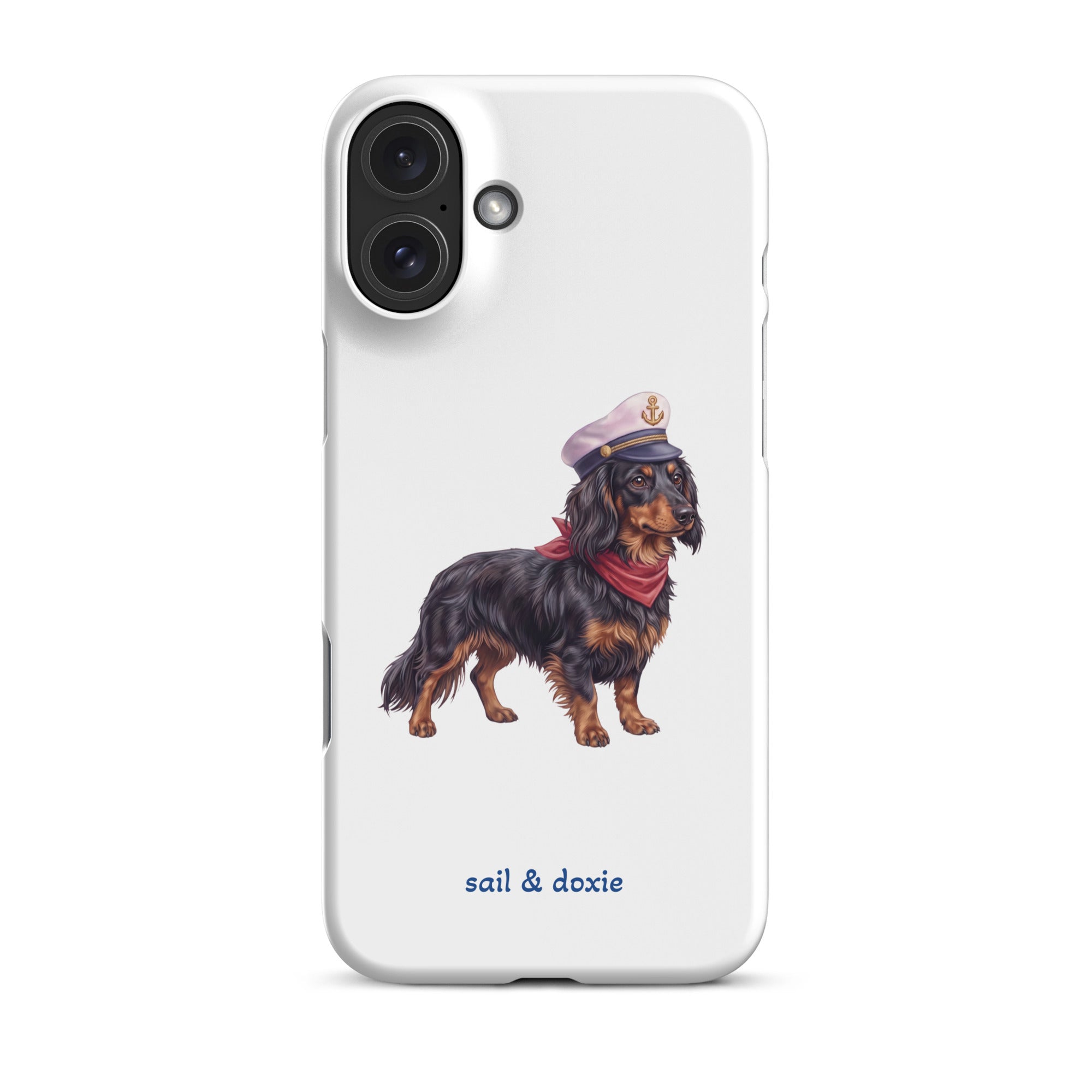 A white phone case featuring an illustration of a black and tan dachshund wearing a captain's hat and red neckerchief, with the text 'sail & doxie' printed below in blue. The case is shown on a clean white background.