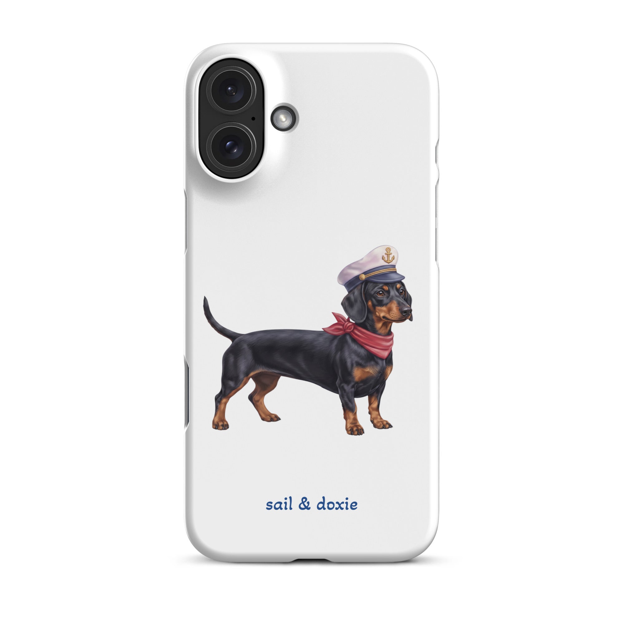 Sail & Doxie iPhone Case – Dachshund (black & tan) with captain's hat on a white background