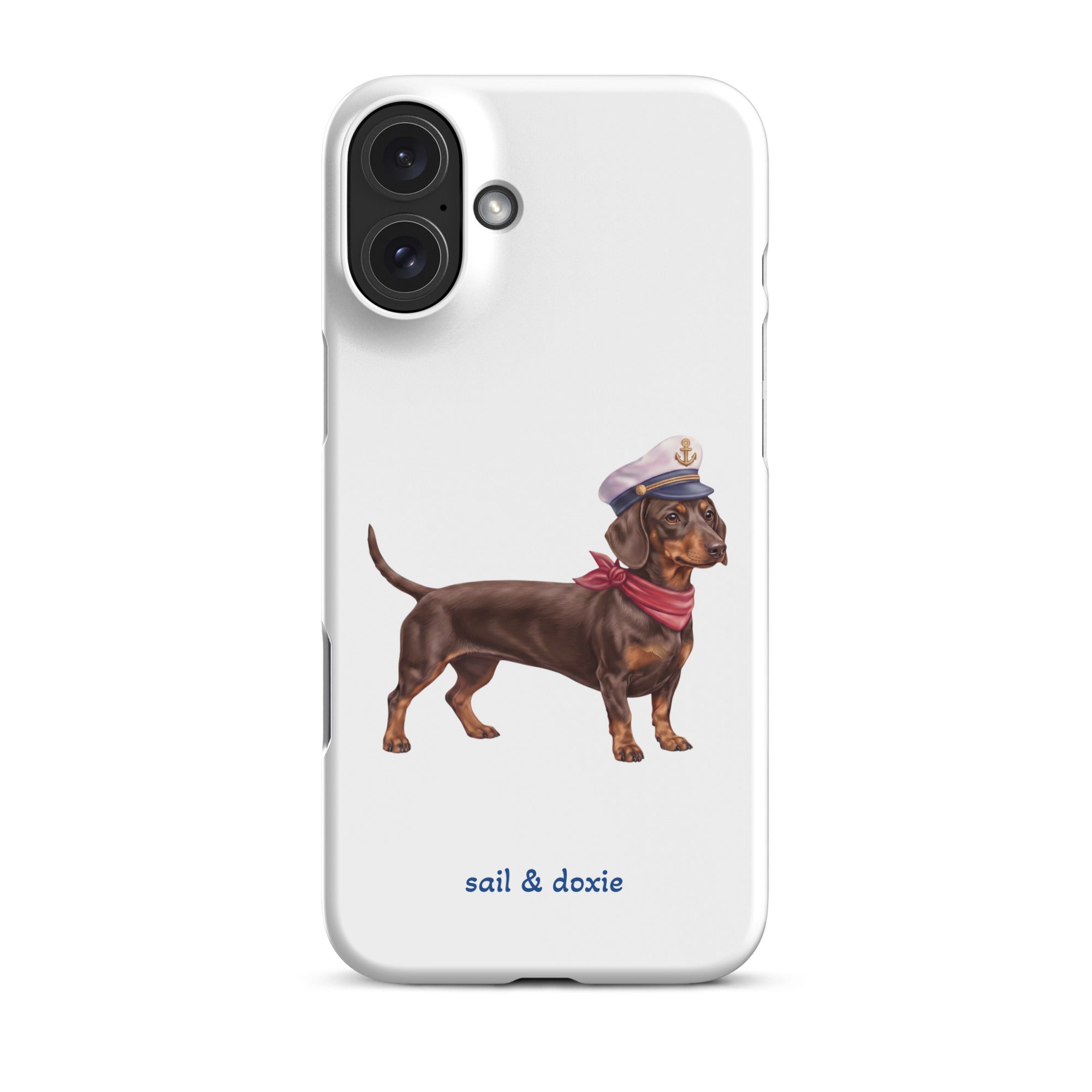 Sail & Doxie iPhone Case – Dachshund (chocolate) with captain's hat on a white background