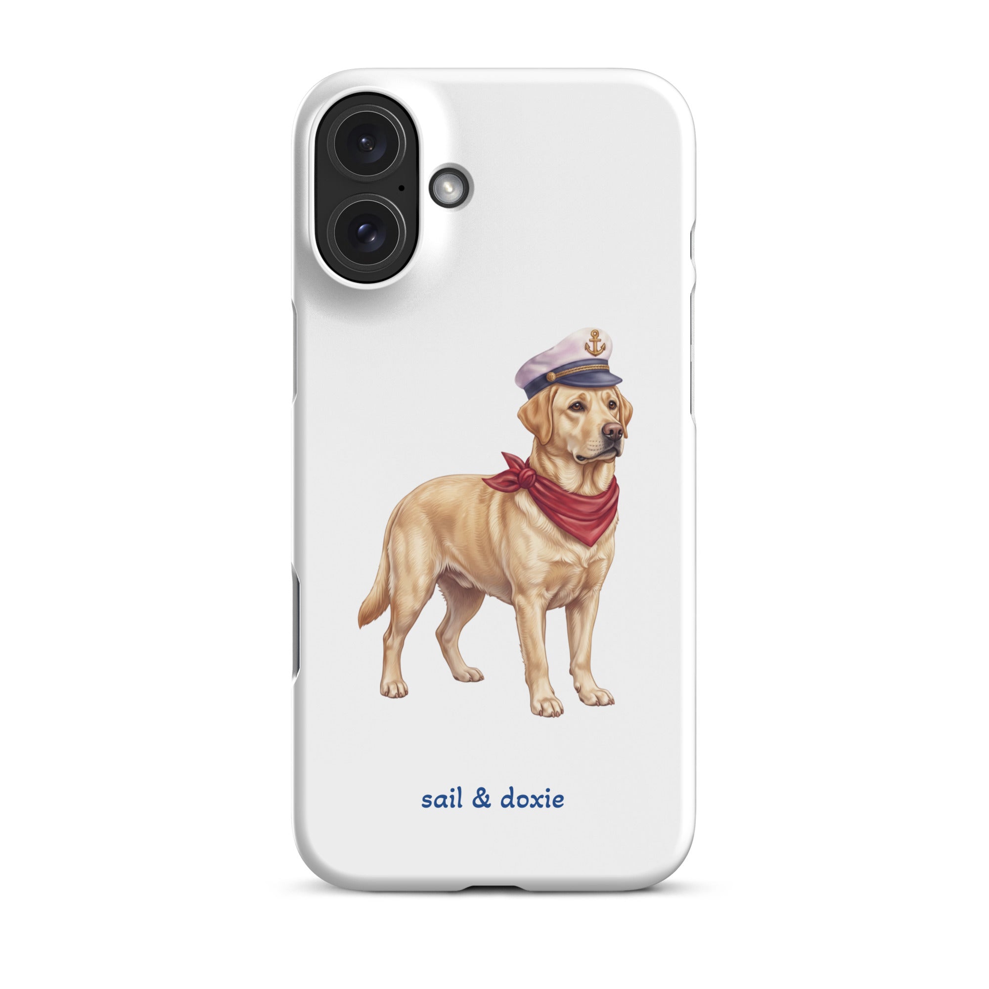A white phone case featuring an illustration of a yellow Labrador dressed as a sailor with a captain's hat and red neck scarf, with the text 'sail & doxie' printed below.