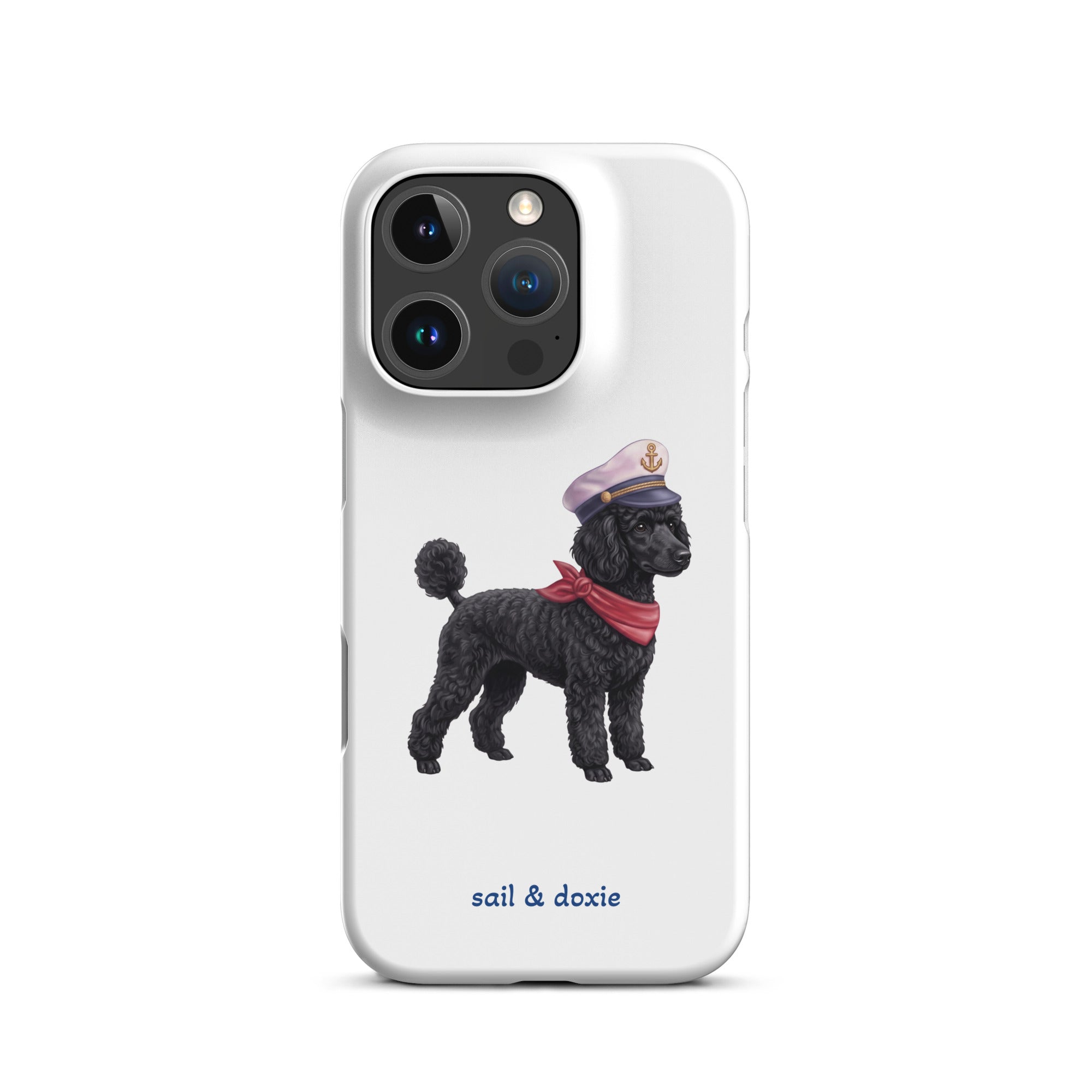 A white phone case featuring a printed illustration of a black poodle wearing a navy captain's hat and red scarf, with the text 'sail & doxie' printed below in blue. The case is shown on a clean white background.