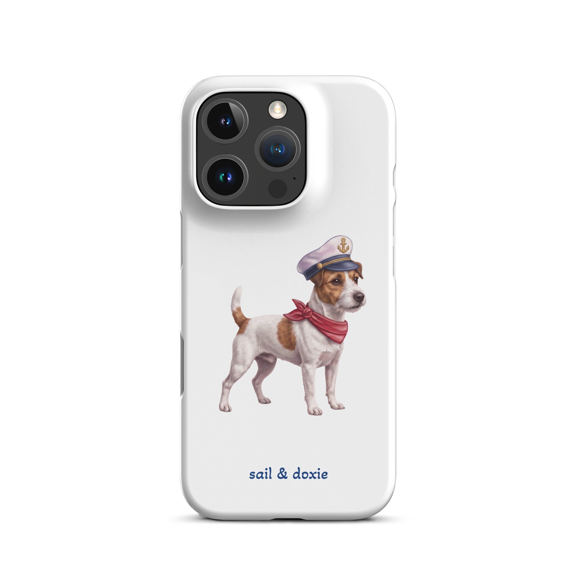 A white phone case featuring an illustration of a Jack Russell Terrier dressed as a sailor with a captain's hat and red neck scarf, with the text 'sail & doxie' printed below.