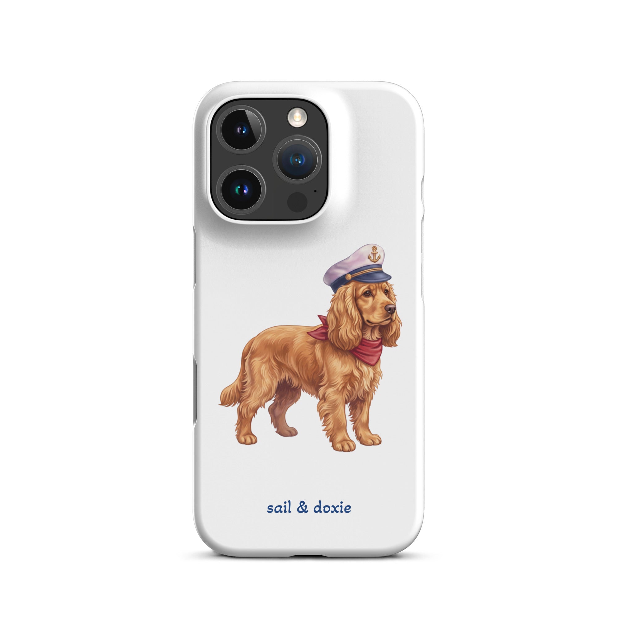 Sail & Doxie iPhone Case – Cocker Spaniel with captain's hat on a white background