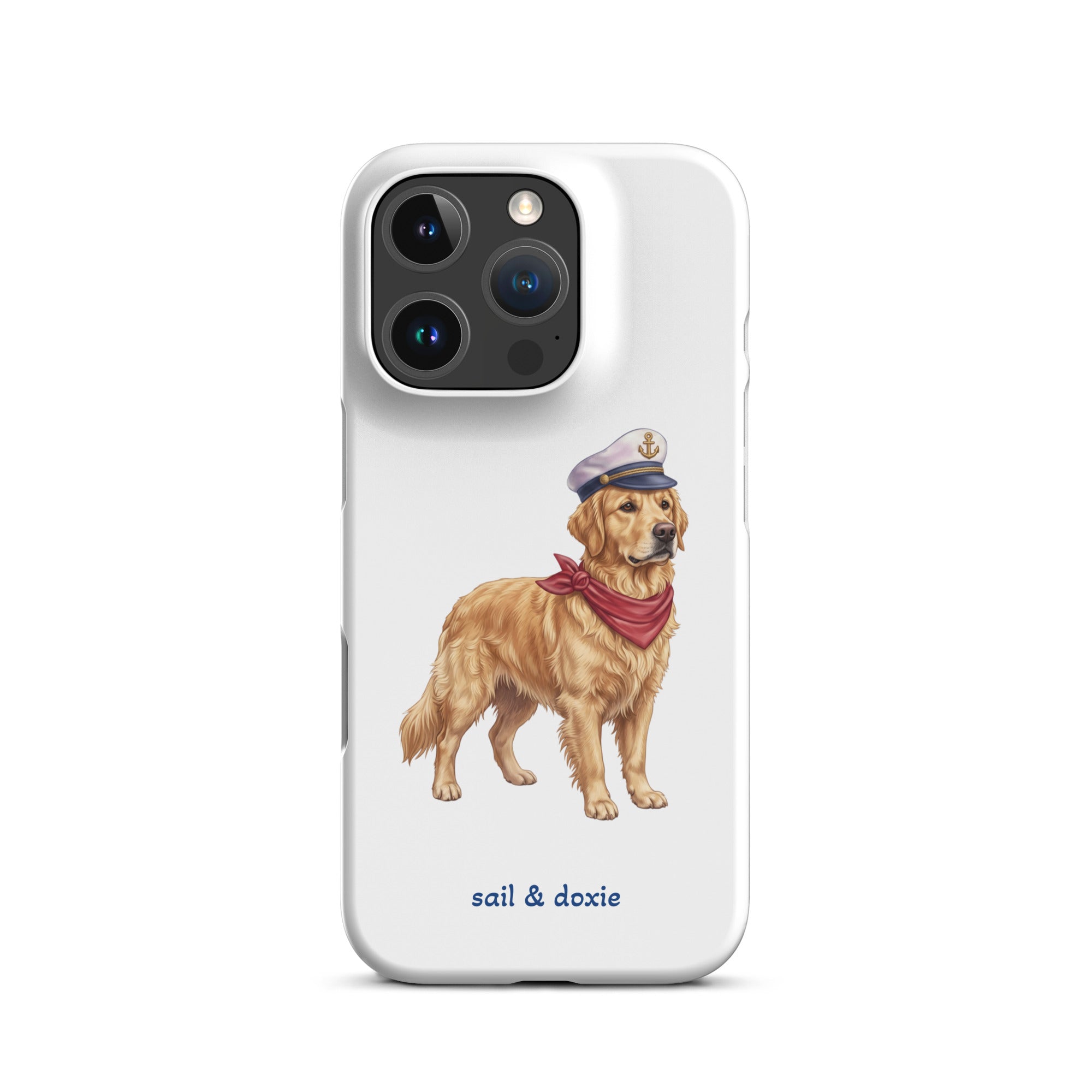 A white phone case featuring an illustration of a golden retriever dog dressed as a sailor in a white hat and red bandana, with the text 'sail & doxie' printed below. The case is shown on a clean white background.