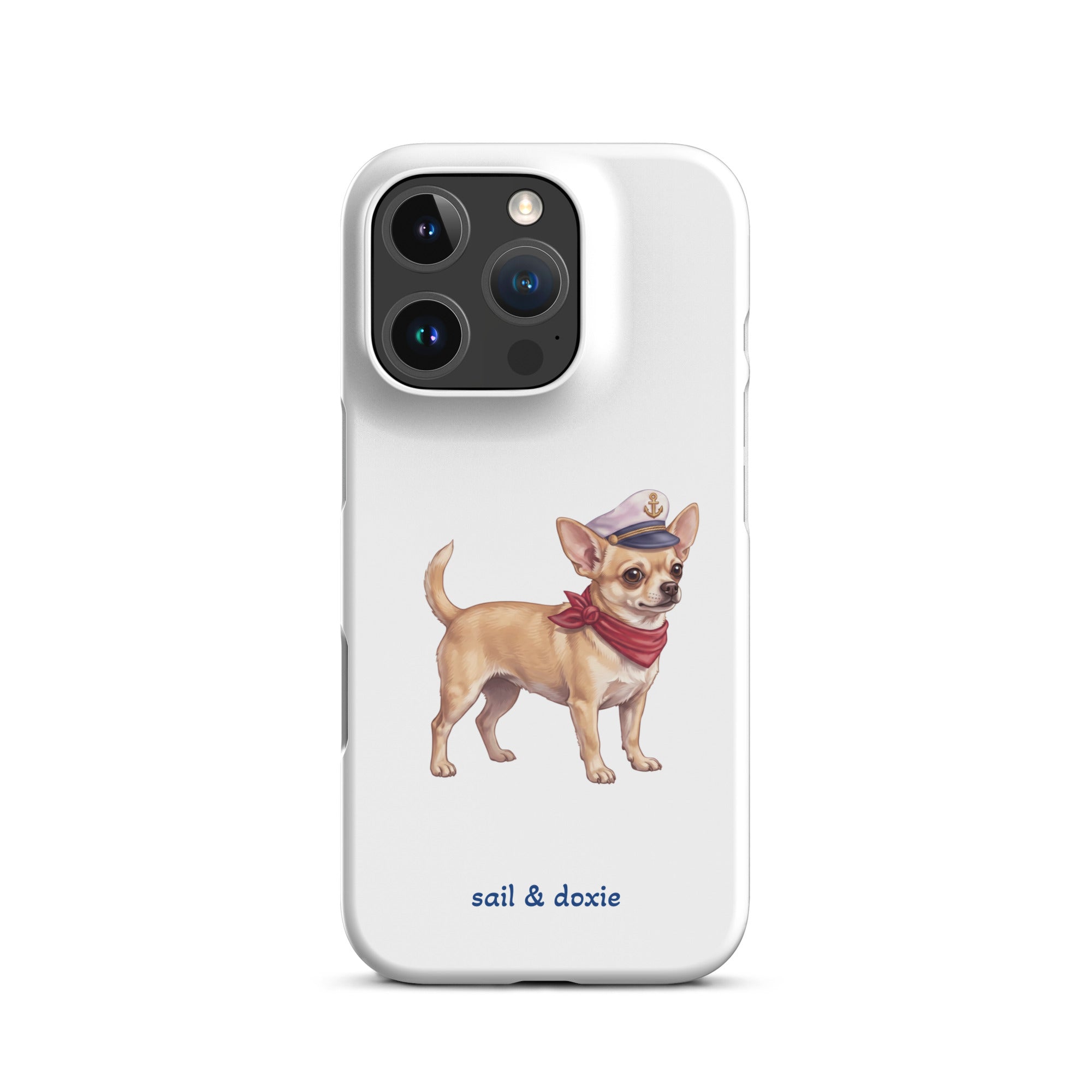 Sail & Doxie iPhone Case with a Chihuahua  Captain on a white background.