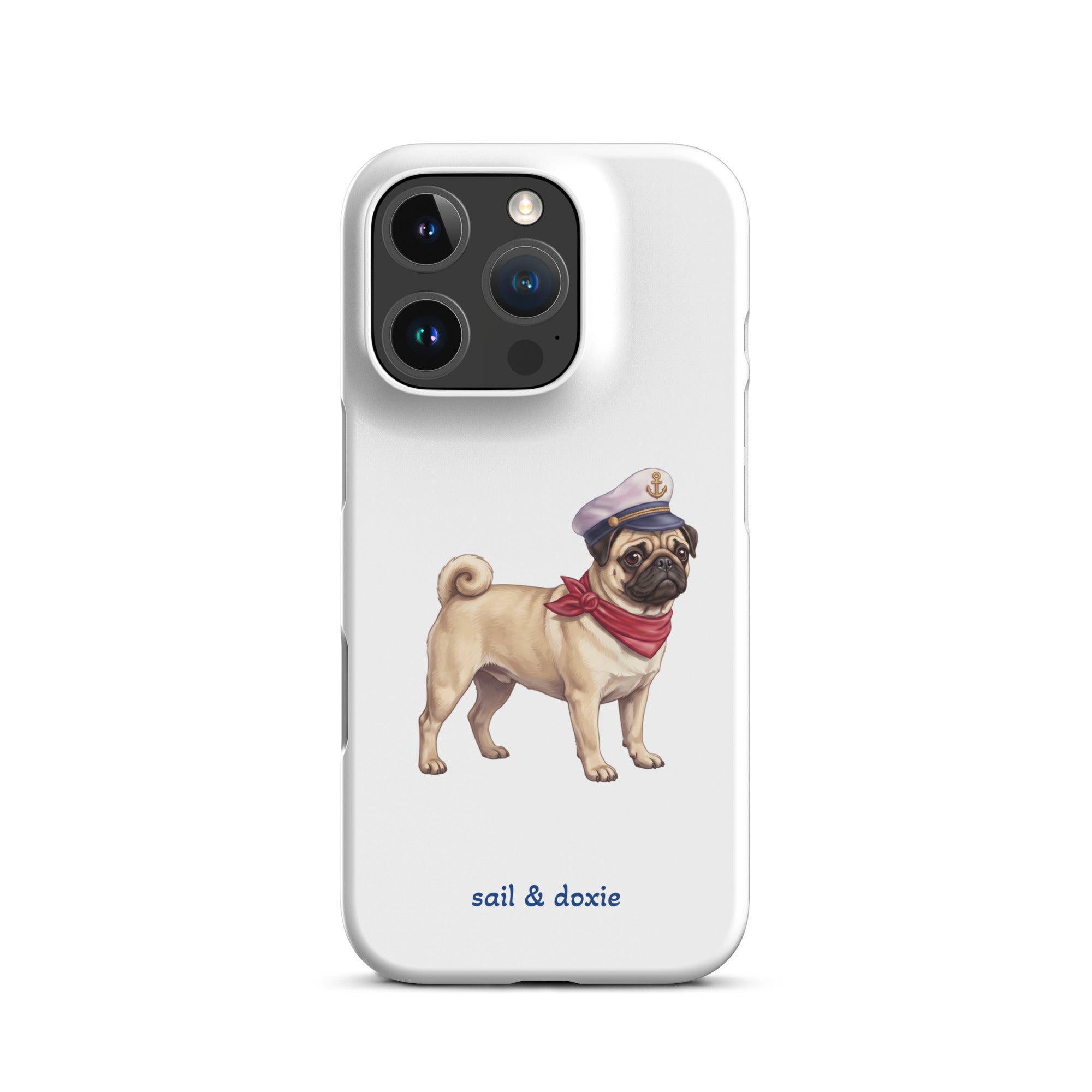 A white phone case featuring an illustration of a pug wearing a navy captain's hat and red neck scarf, with the text 'sail & doxie' printed below in blue. 