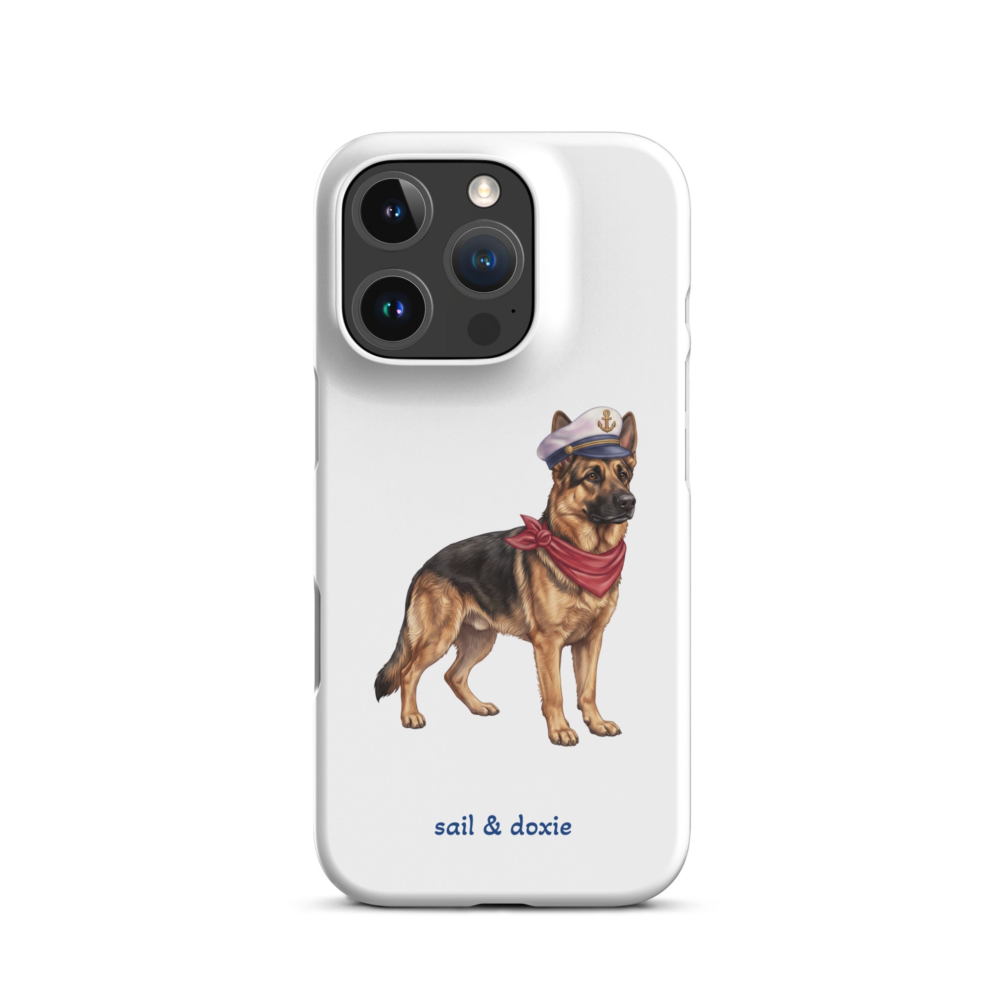 A white phone case featuring an illustration of a german shepherd wearing a captain's hat and red neckerchief, with the text 'sail & doxie' printed below. The case has a black camera cutout area and is shown on a plain white background.