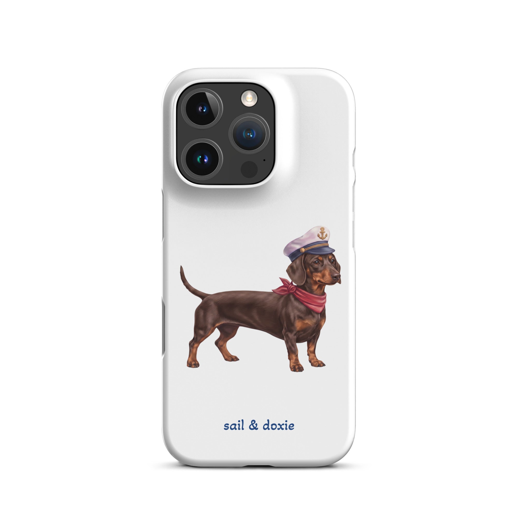 Sail & Doxie iPhone Case – Dachshund (chocolate) with captain's hat on a white background
