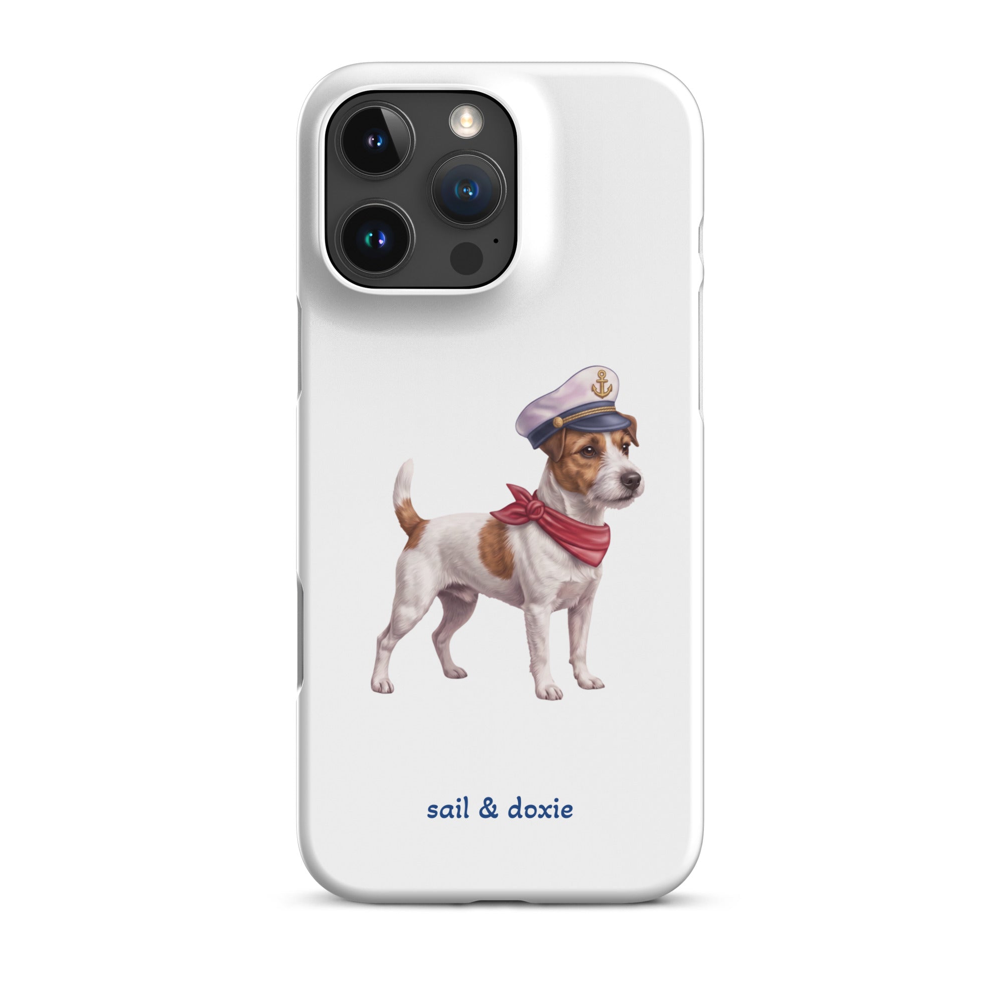 A white phone case featuring an illustration of a Jack Russell Terrier dressed as a sailor with a captain's hat and red neck scarf, with the text 'sail & doxie' printed below.