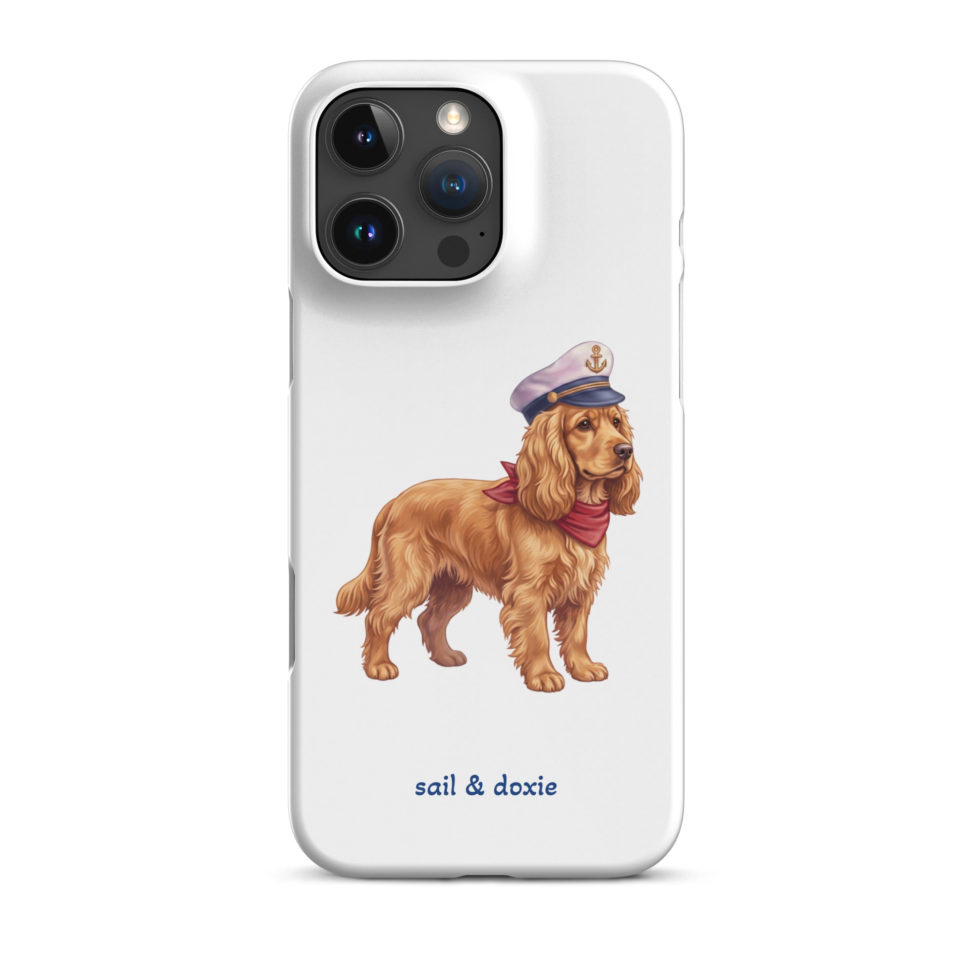 Sail & Doxie iPhone Case – Cocker Spaniel with captain's hat on a white background