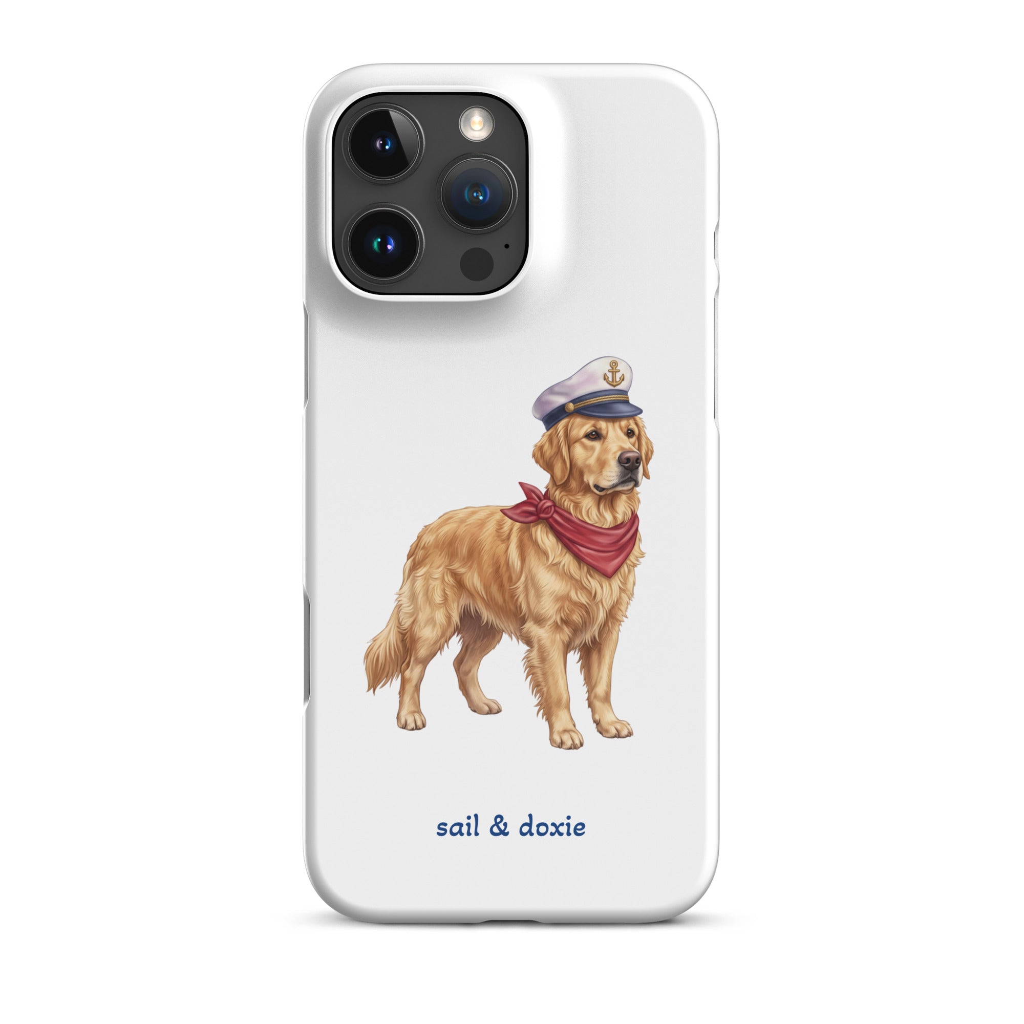 A white phone case featuring an illustration of a golden retriever dog dressed as a sailor in a white hat and red bandana, with the text 'sail & doxie' printed below. The case is shown on a clean white background.