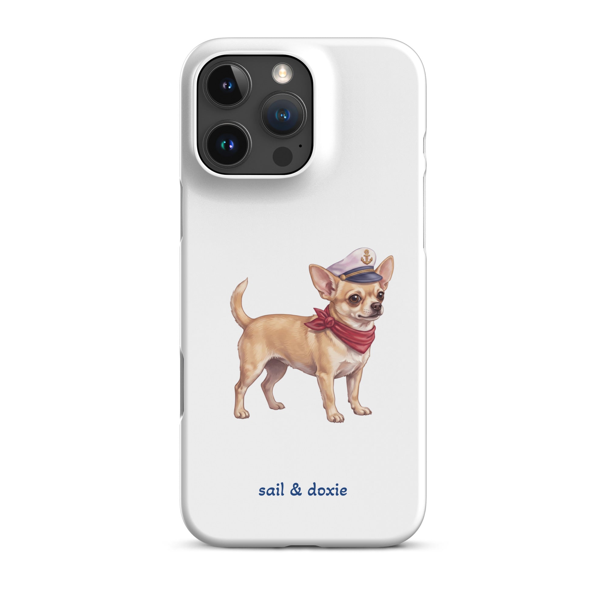 Sail & Doxie iPhone Case with a Chihuahua  Captain on a white background.