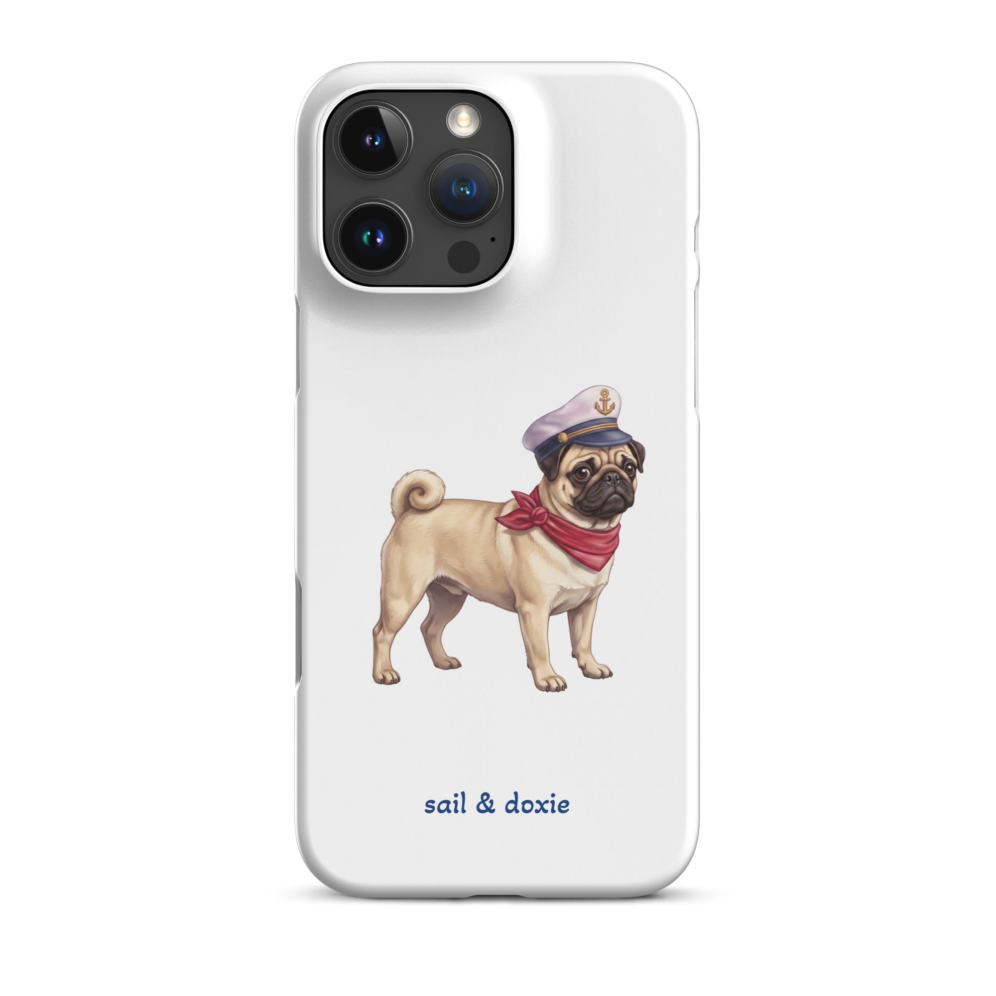 A white phone case featuring an illustration of a pug wearing a navy captain's hat and red neck scarf, with the text 'sail & doxie' printed below in blue. 